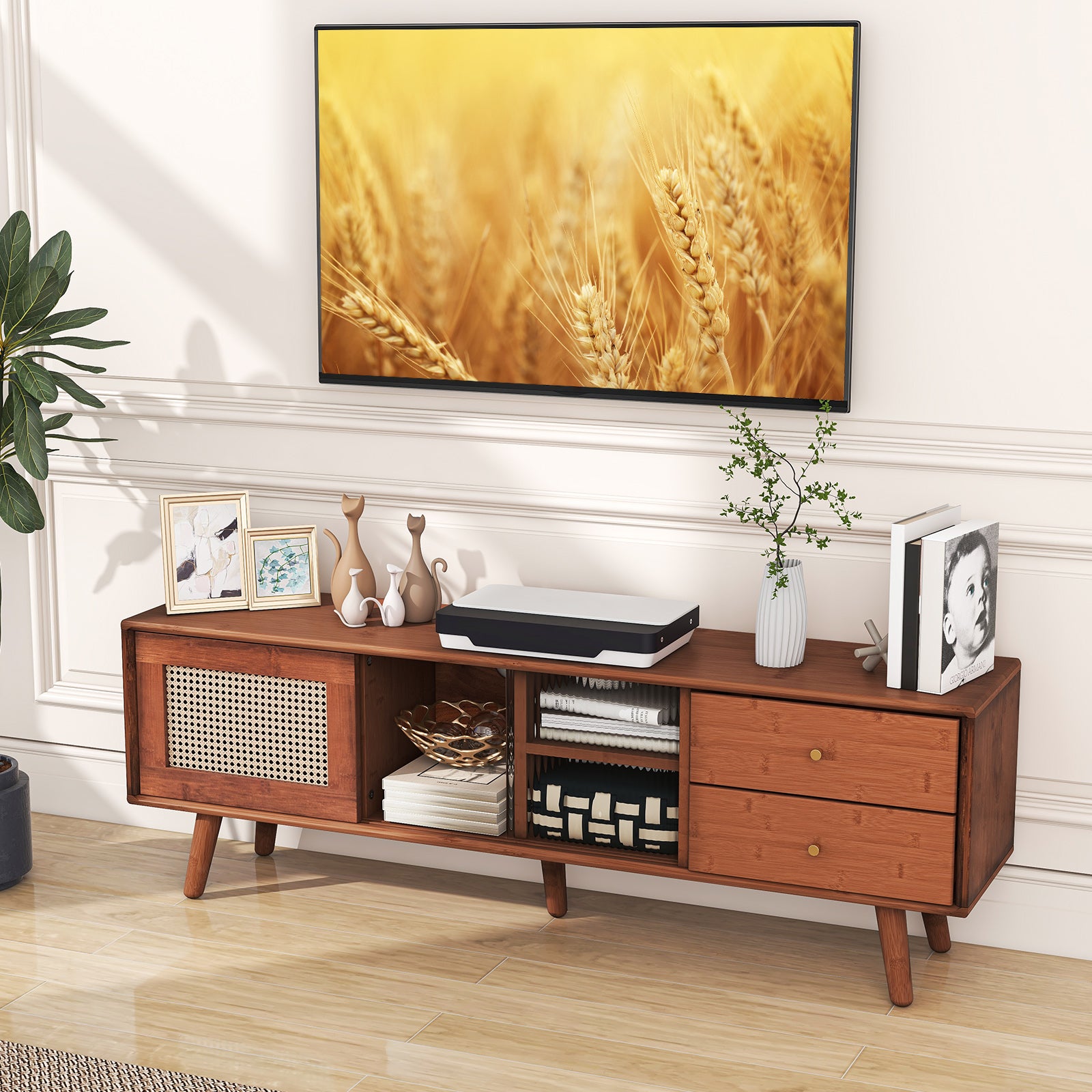 Bamboo TV Stand, 65 Inch, Brown End & Side Tables at Gallery Canada