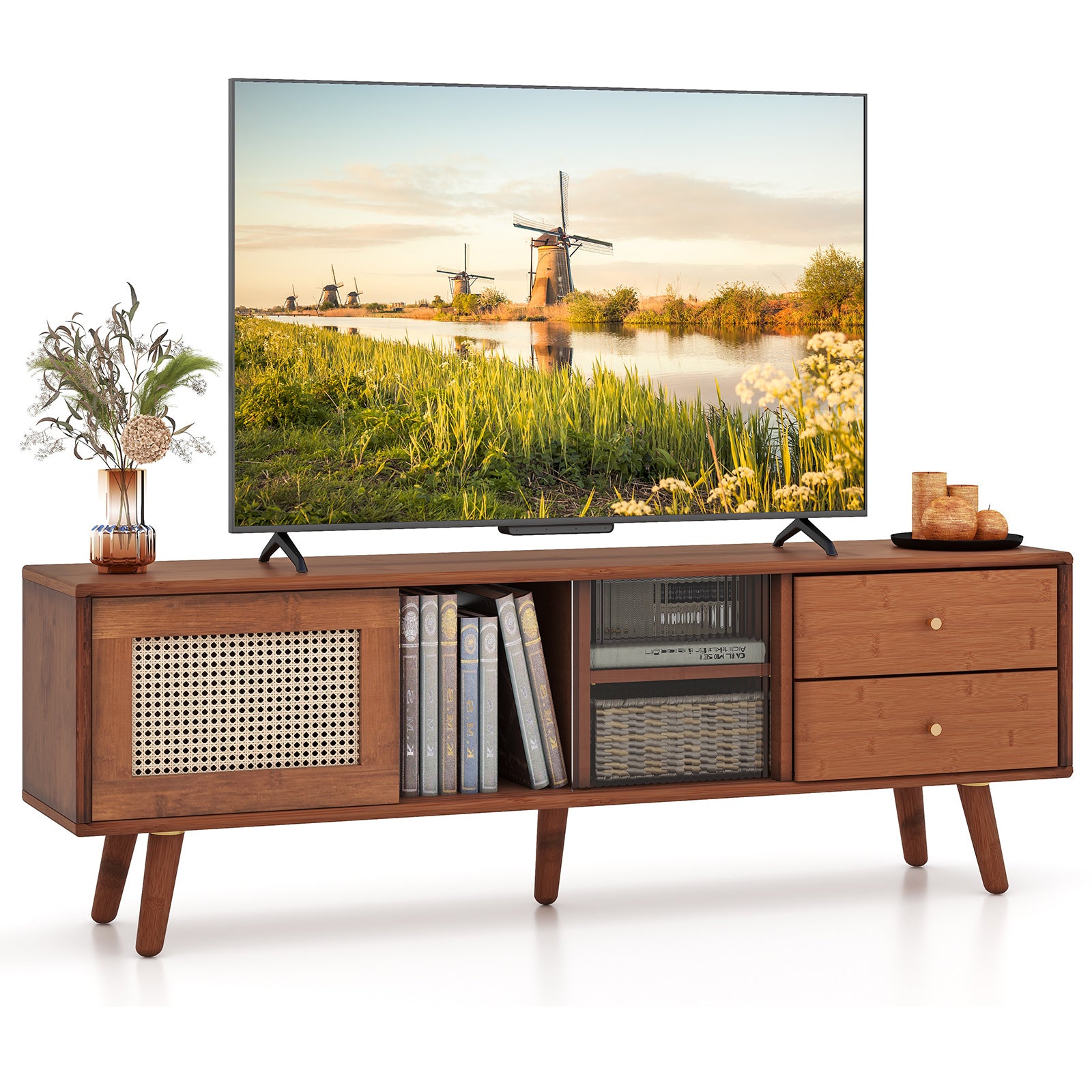 Bamboo TV Stand, 65 Inch, Brown End & Side Tables at Gallery Canada