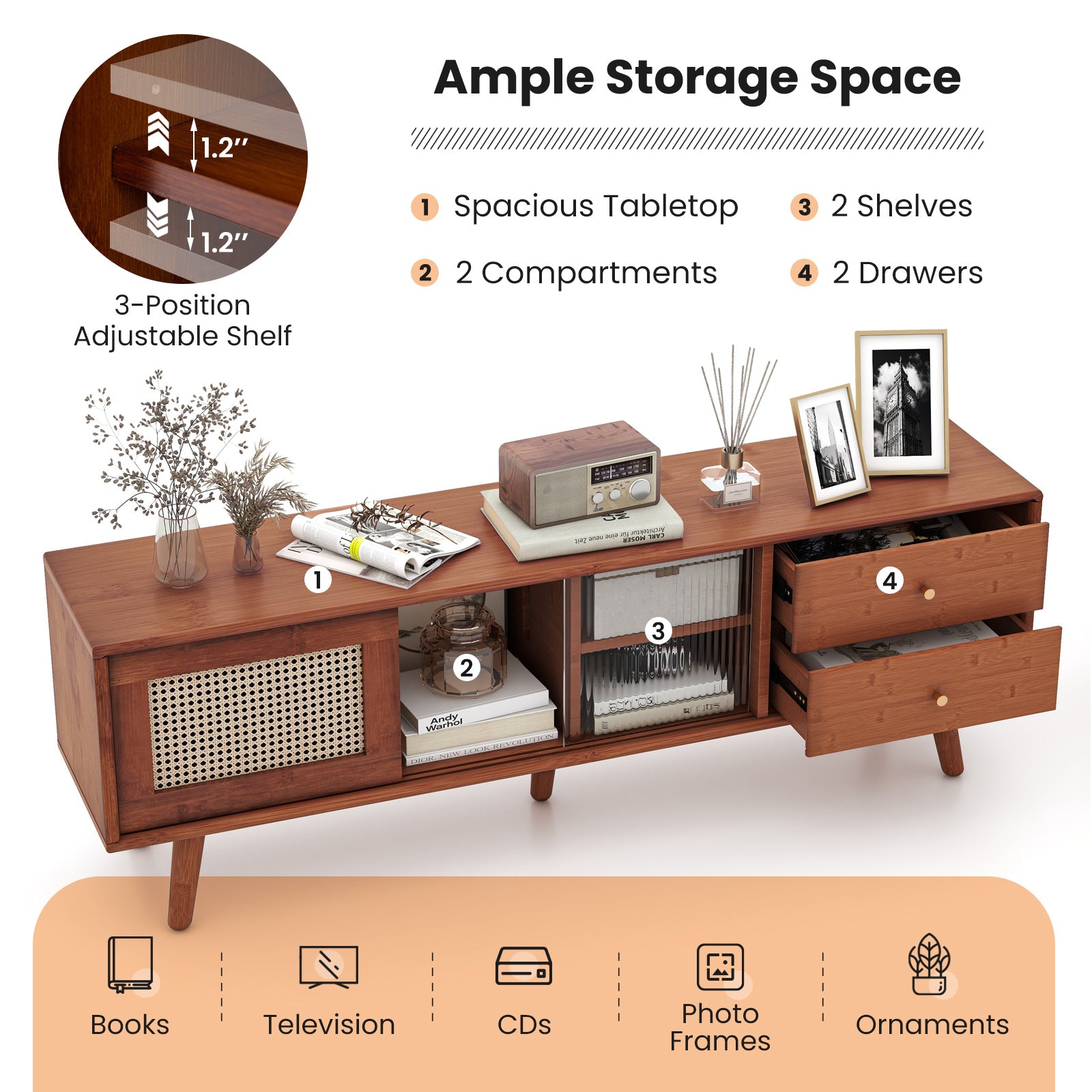 Bamboo TV Stand, 65 Inch, Brown End & Side Tables at Gallery Canada