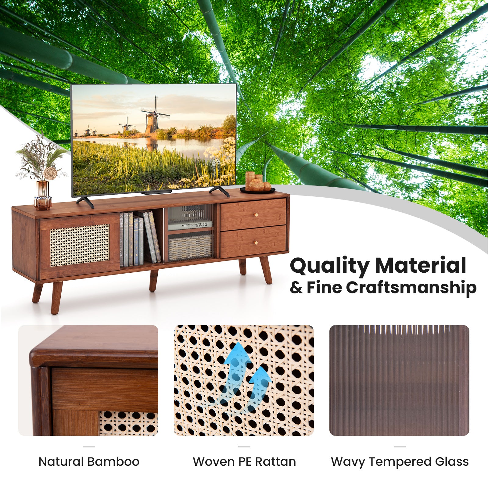 Bamboo TV Stand, 65 Inch, Brown End & Side Tables at Gallery Canada