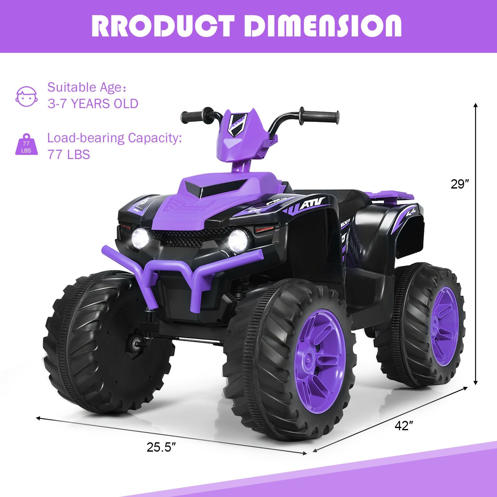 12V Kids Ride On ATV, LED Lights, Treaded Tires, Purple Powered Ride On Toys at Gallery Canada