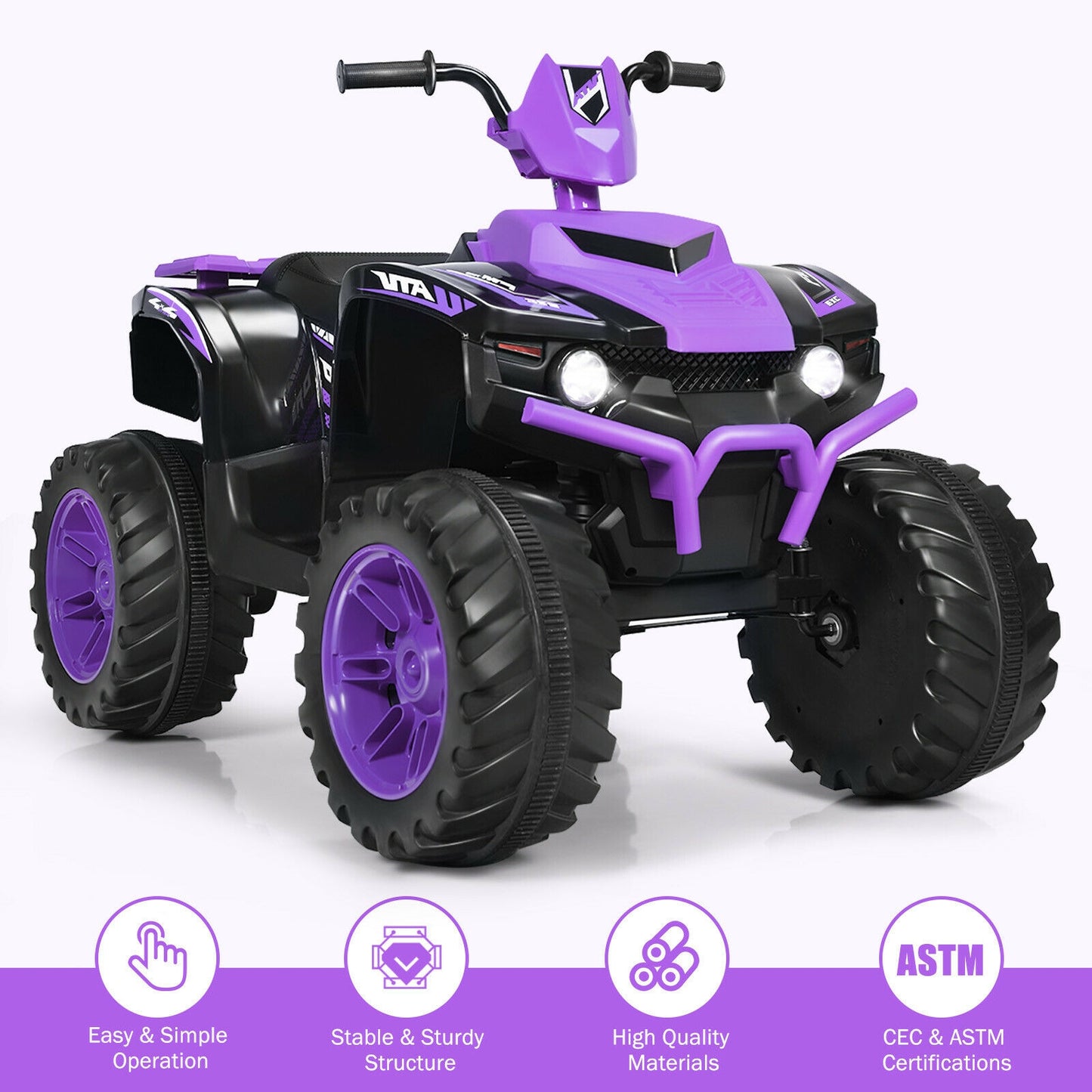 12V Kids Ride On ATV, LED Lights, Treaded Tires, Purple Powered Ride On Toys at Gallery Canada