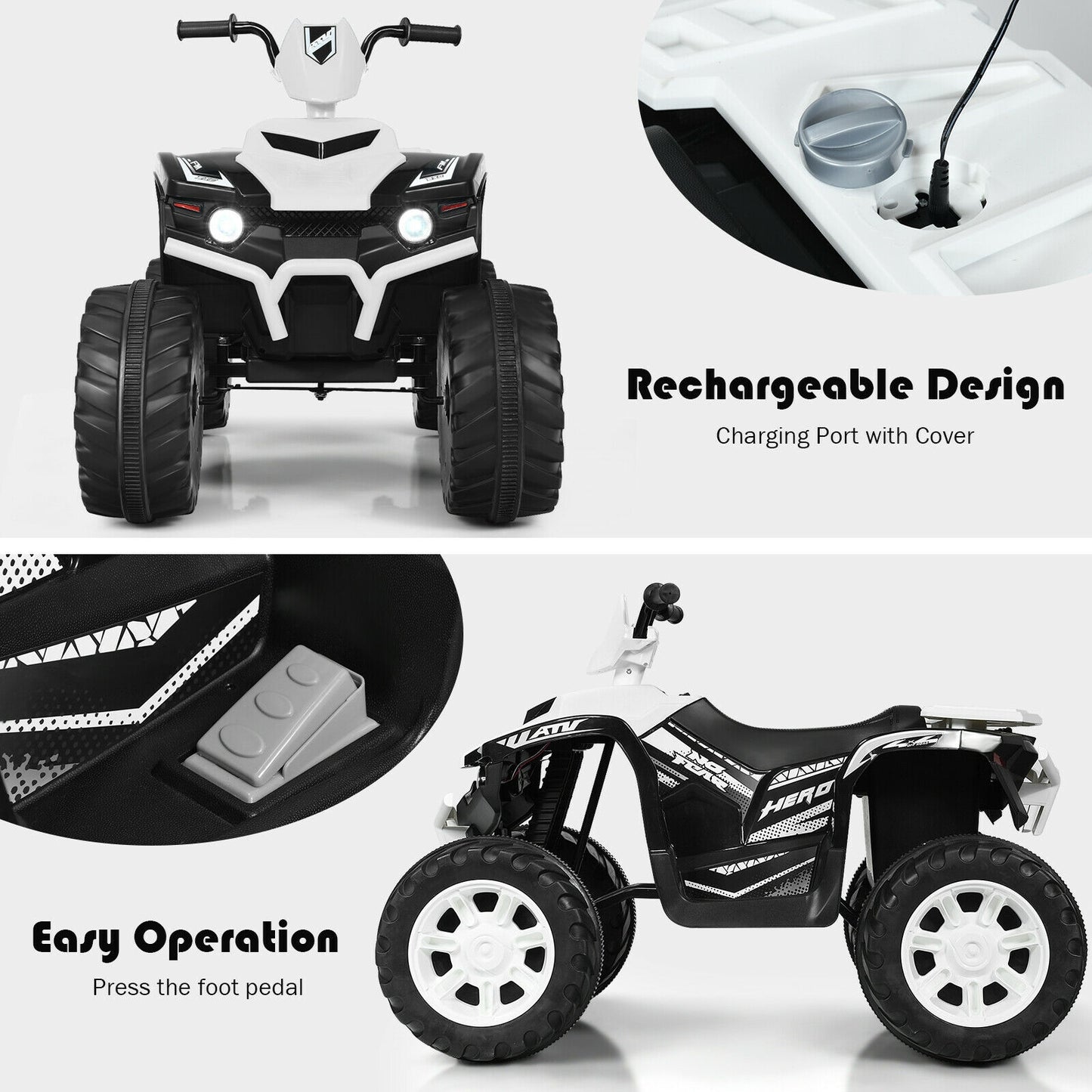 12V Kids Ride On ATV, LED Lights, Treaded Tires, White Powered Ride On Toys at Gallery Canada