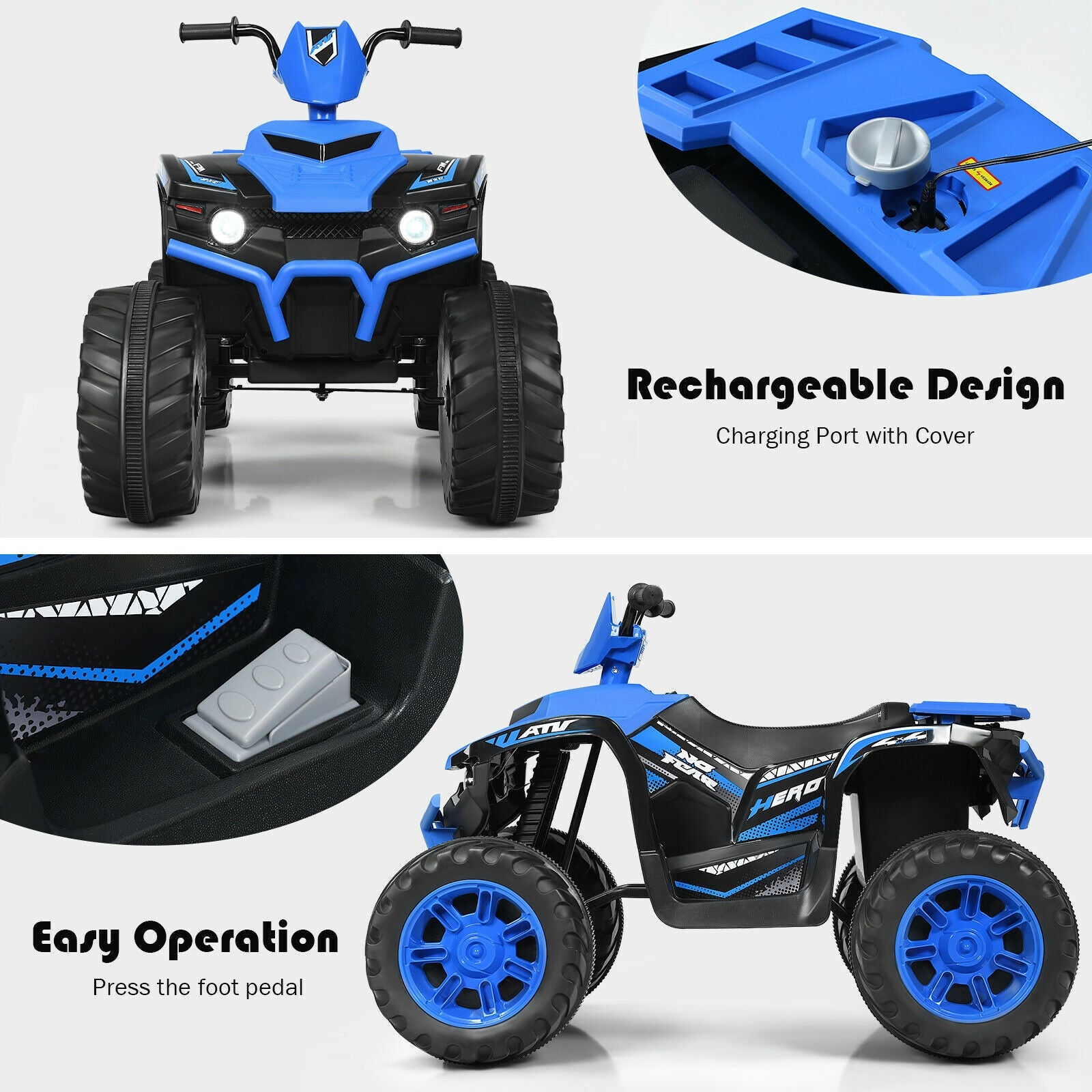 Kids Ride On ATV, 12V, LED Lights, Treaded Tires, Navy Powered Ride On Toys at Gallery Canada