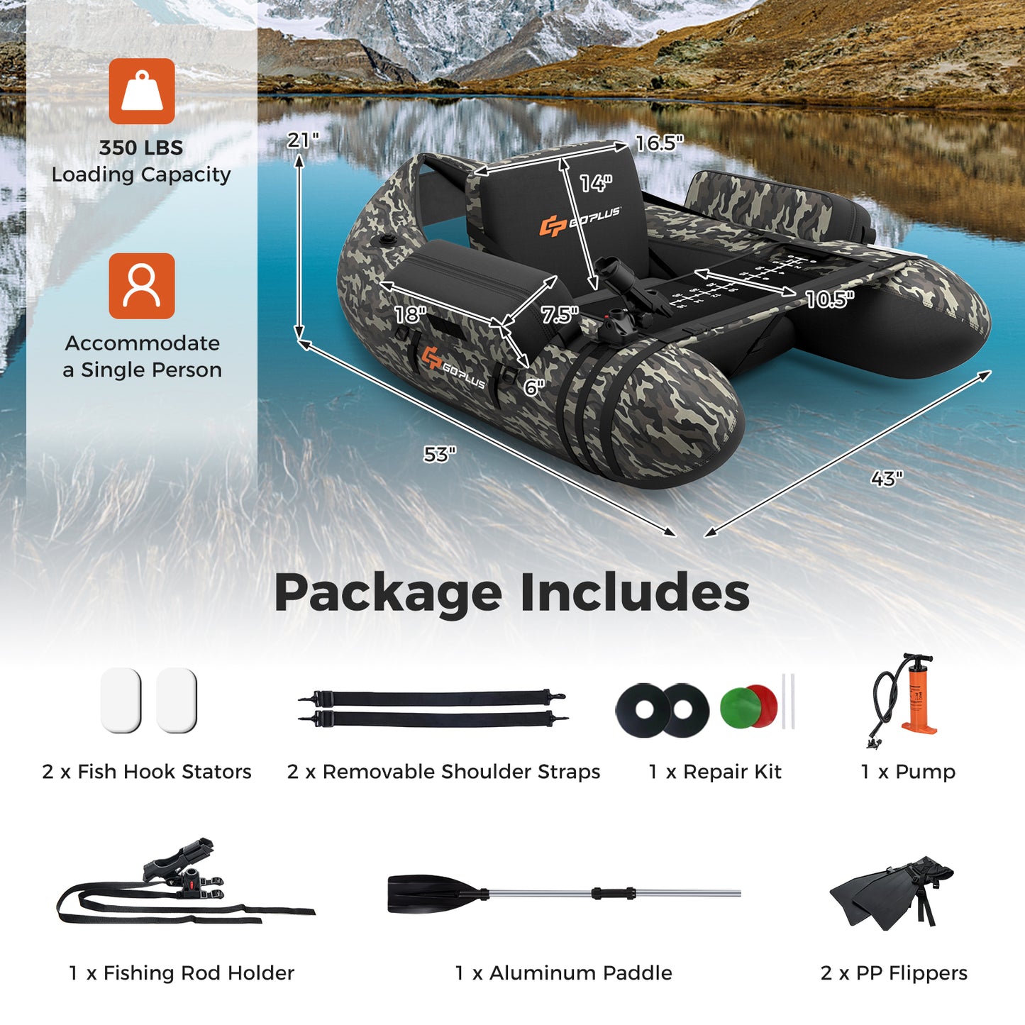 Inflatable Fishing Float With Adjustable Straps, Storage Pockets, Camouflage Surfing at Gallery Canada
