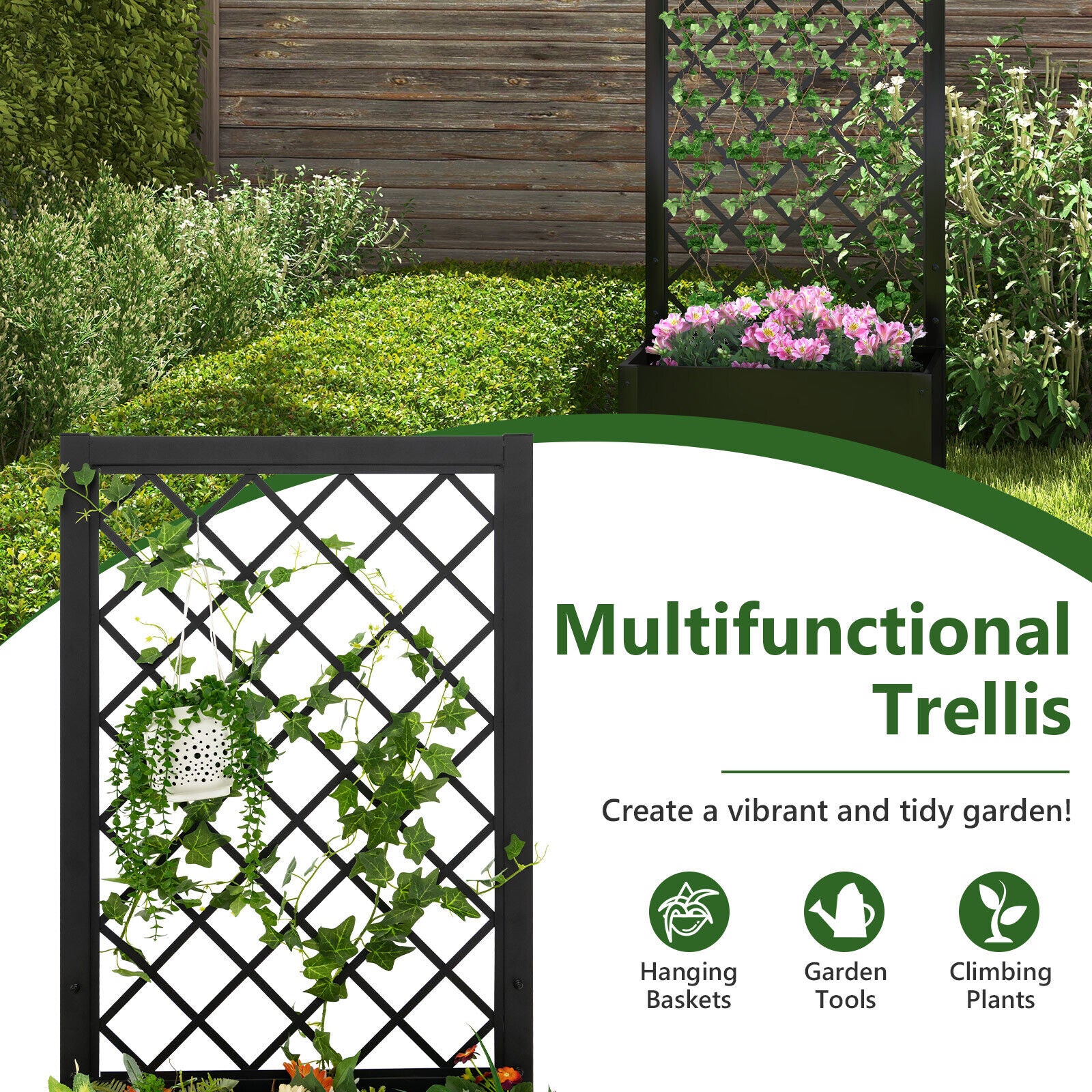 44 Inch Metal Raised Garden Bed With Trellis, Black Raised Garden Beds at Gallery Canada