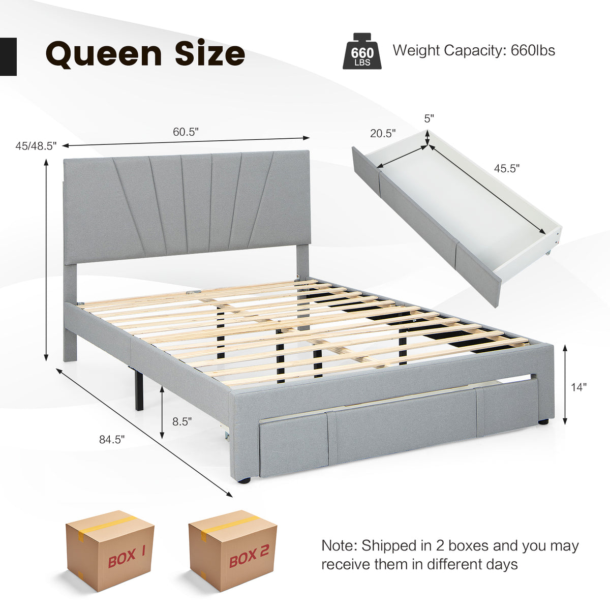 Queen Size Upholstered Bed Frame With Drawer, Adjustable Headboard, Gray Simple Bed Frame at Gallery Canada