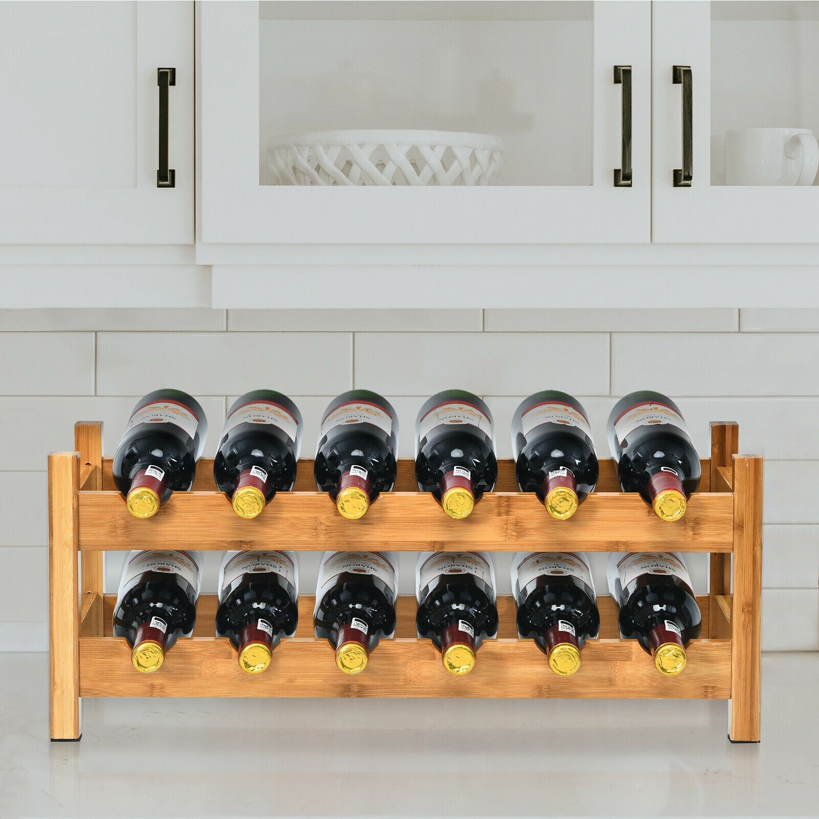 2-Tier 12 Bottles Bamboo Wine Rack, Natural Wine Racks at Gallery Canada
