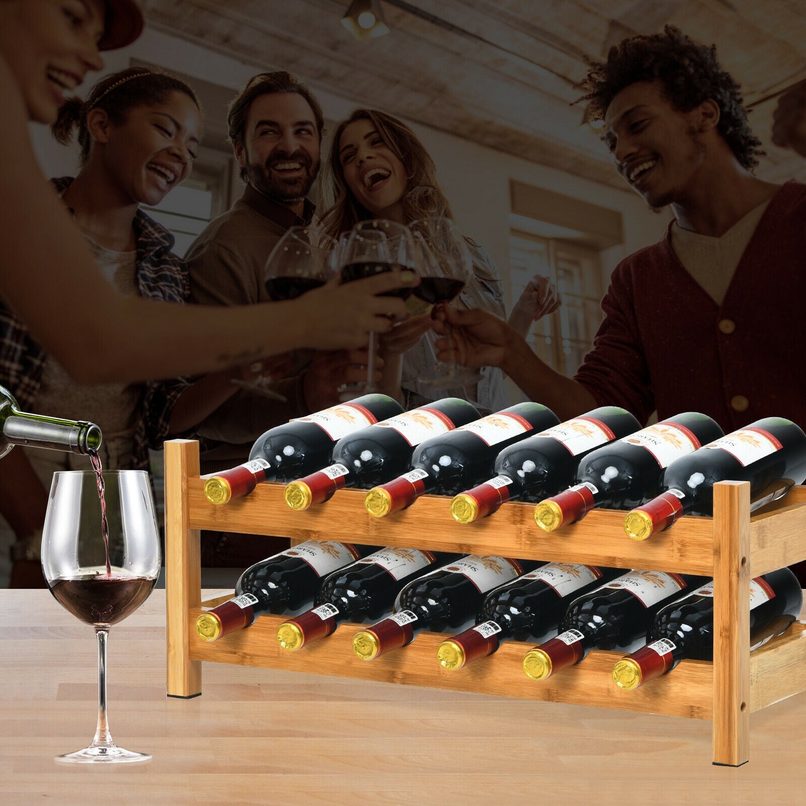 2-Tier 12 Bottles Bamboo Wine Rack, Natural Wine Racks at Gallery Canada
