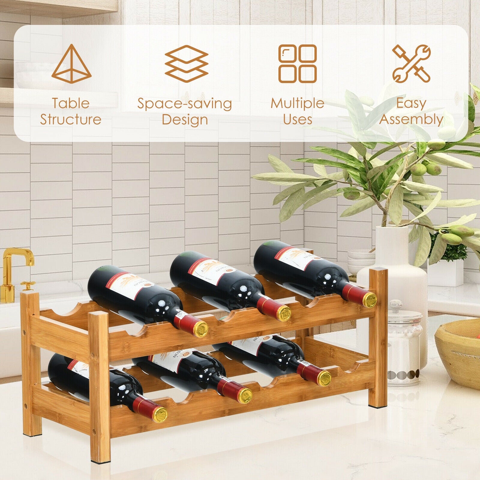 2-Tier 12 Bottles Bamboo Wine Rack, Natural Wine Racks at Gallery Canada