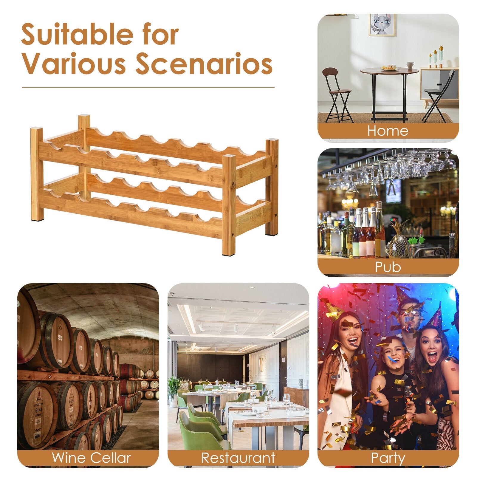 2-Tier 12 Bottles Bamboo Wine Rack, Natural Wine Racks at Gallery Canada