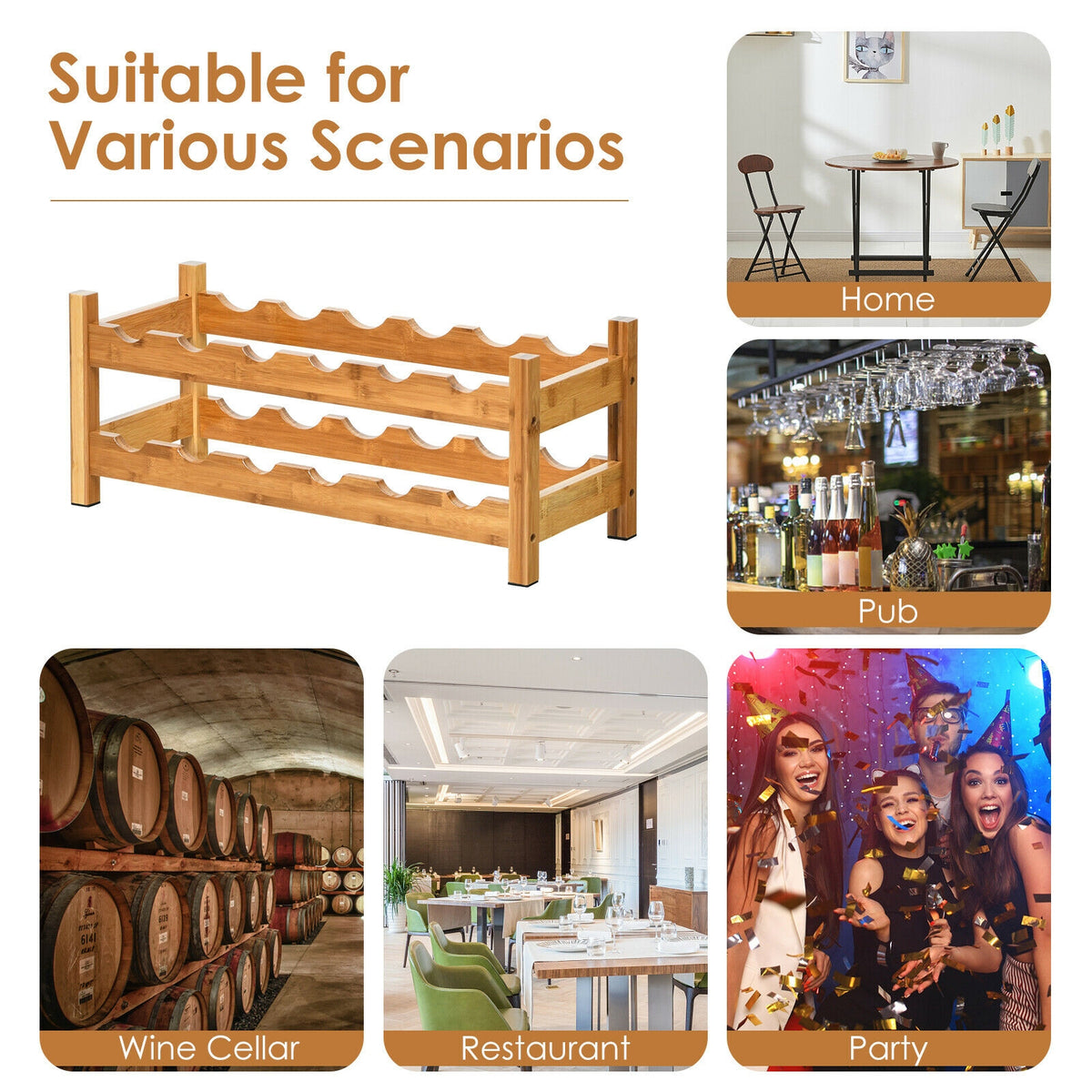 2-Tier 12 Bottles Bamboo Wine Rack, Natural Wine Racks at Gallery Canada