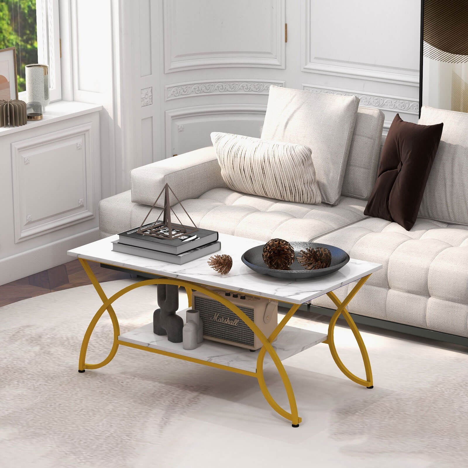 2-Tier Coffee Table, Rectangle, Gold, White Coffee Tables at Gallery Canada