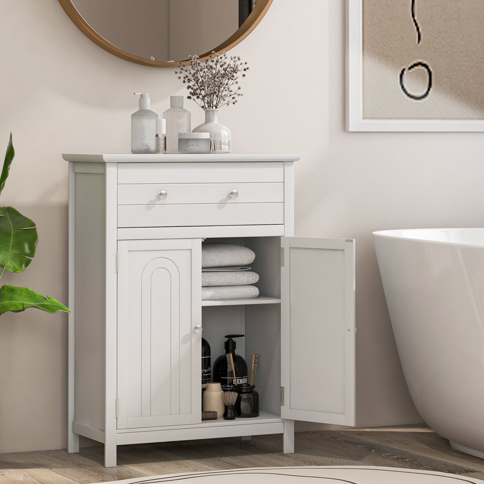Free Standing Bathroom Storage Cabinet With Large Drawer, White Floor Cabinets at Gallery Canada