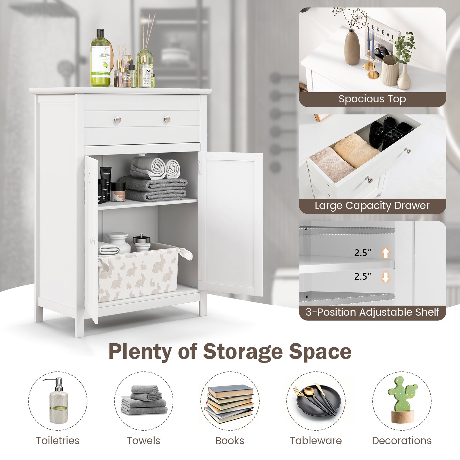 Free Standing Bathroom Storage Cabinet With Large Drawer, White Floor Cabinets at Gallery Canada