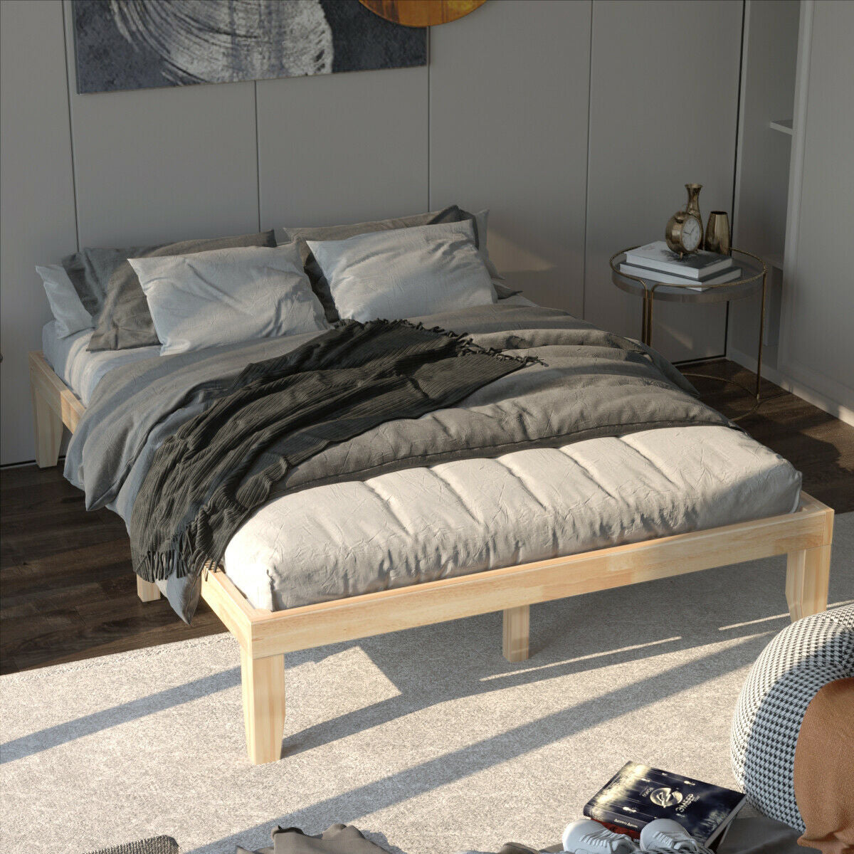 Queen Size 14 Inch Wooden Bed Frame, Natural Simple Bed Frame at Gallery Canada
