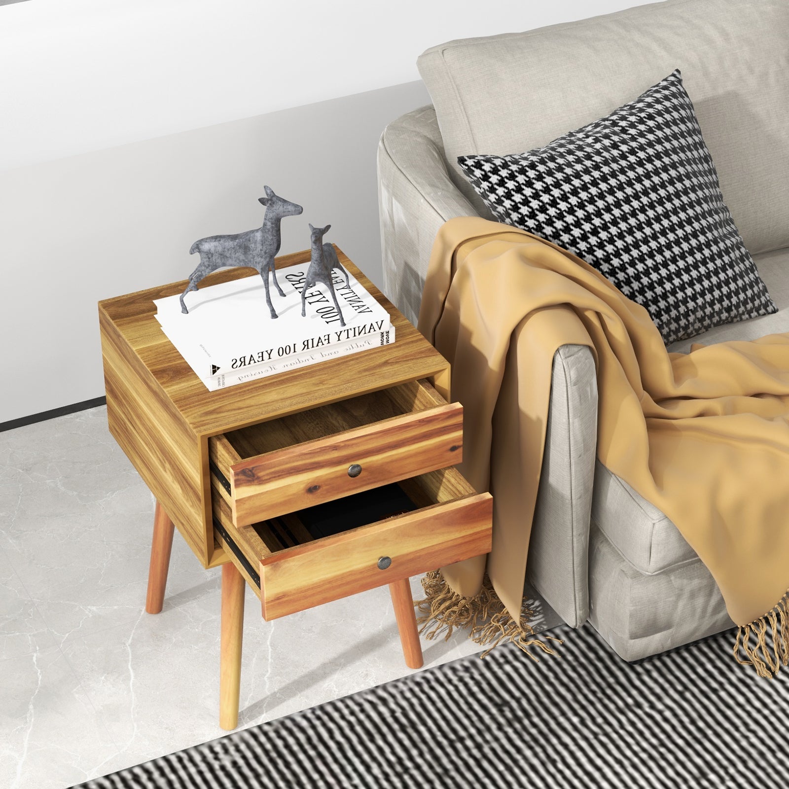 Mid-Century Wooden Nightstand, 2 Drawer Storage, Natural Nightstands at Gallery Canada