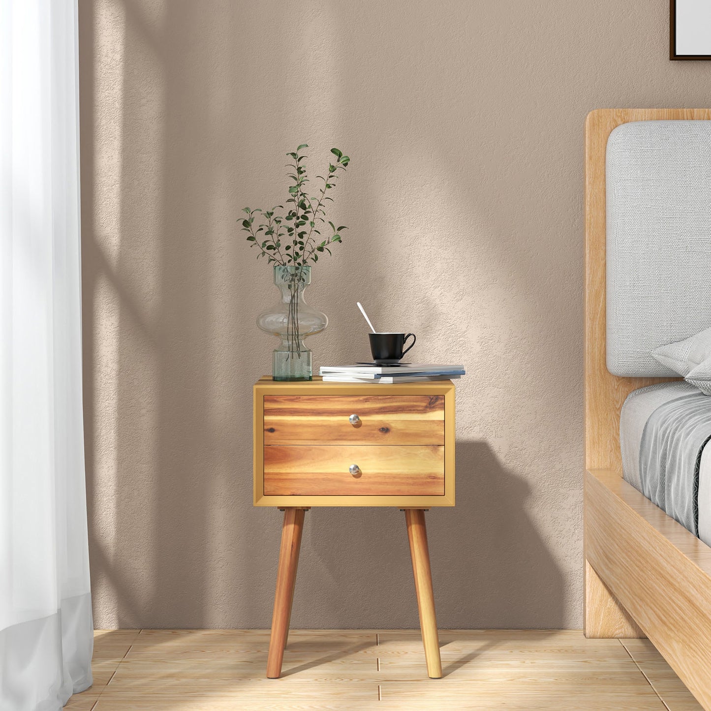 Mid-Century Wooden Nightstand, 2 Drawer Storage, Natural Nightstands at Gallery Canada