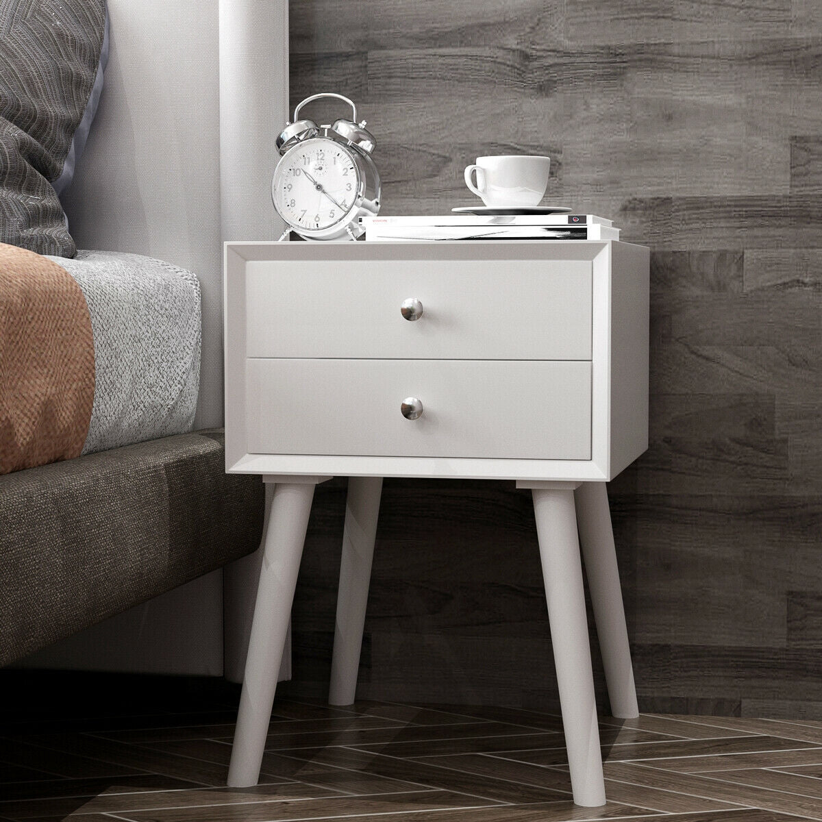 Wooden Nightstand Mid-Century End Side Table with 2 Storage Drawers, White Nightstands at Gallery Canada