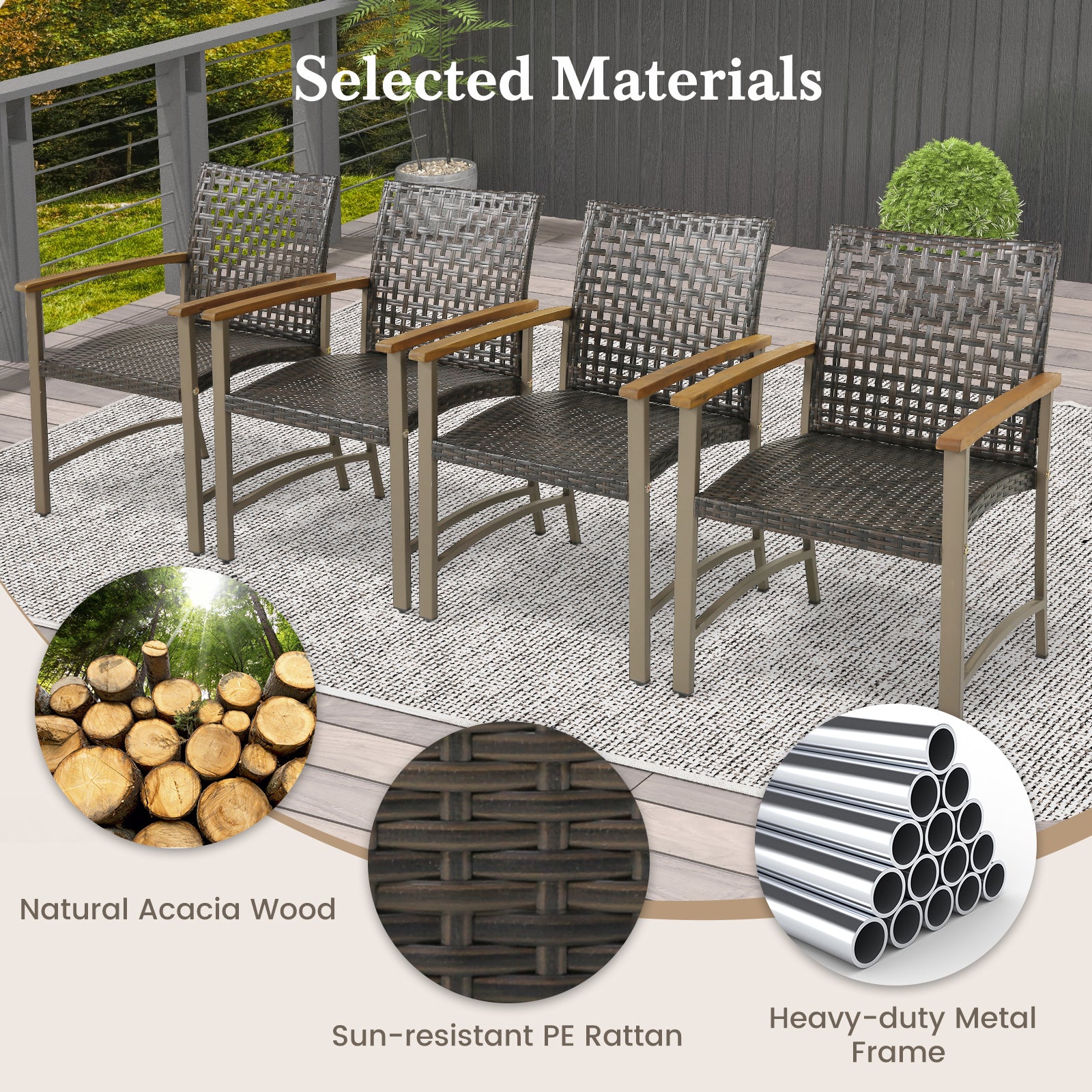 Patio Rattan Dining Chairs, Set of 4, Acacia Wood Armrests, Gray Patio Dining Chairs at Gallery Canada