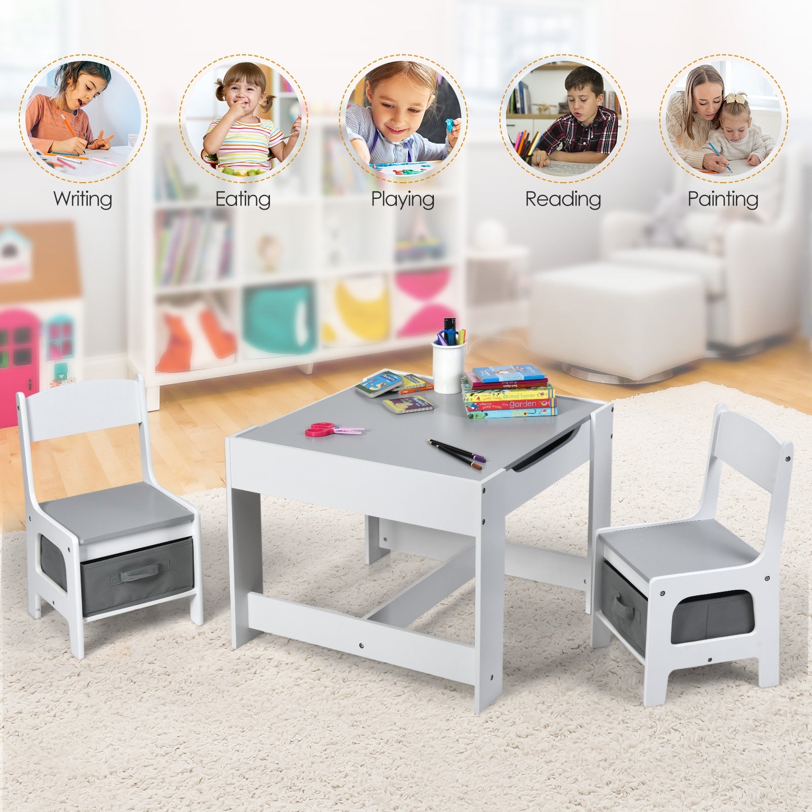 Kids Table Chairs Set With Storage, Blackboard Whiteboard, White Kids Table & Chair Sets at Gallery Canada