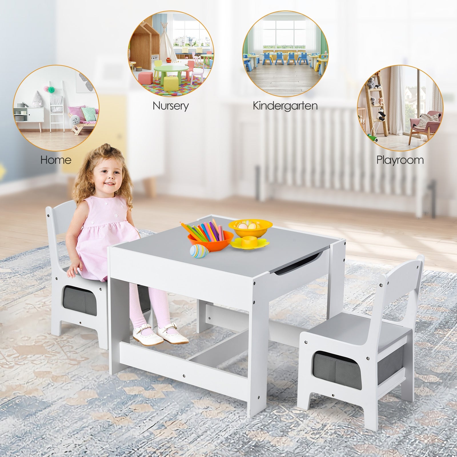 Kids Table Chairs Set With Storage, Blackboard Whiteboard, White Kids Table & Chair Sets at Gallery Canada