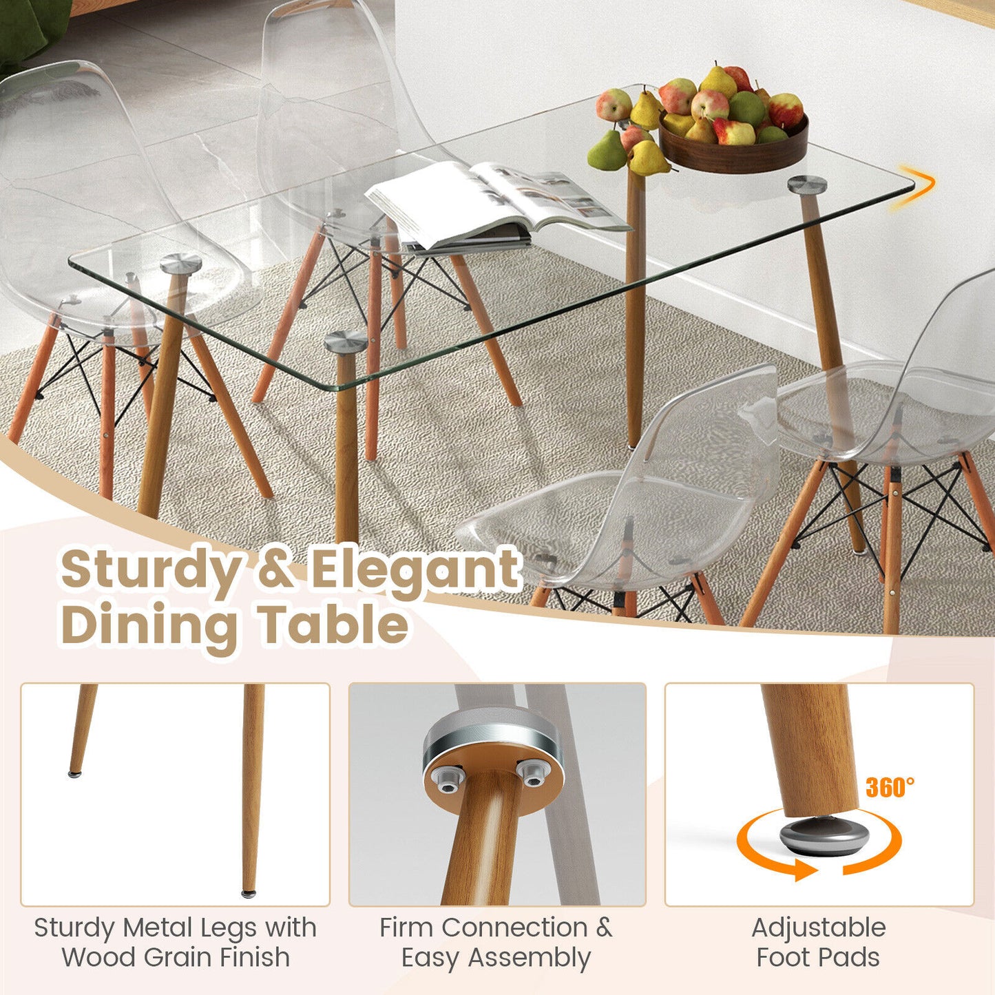 Rectangle Dining Table Set, 5 Pieces, 51 Inch Glass Tabletop, Transparent Dining Room Sets at Gallery Canada
