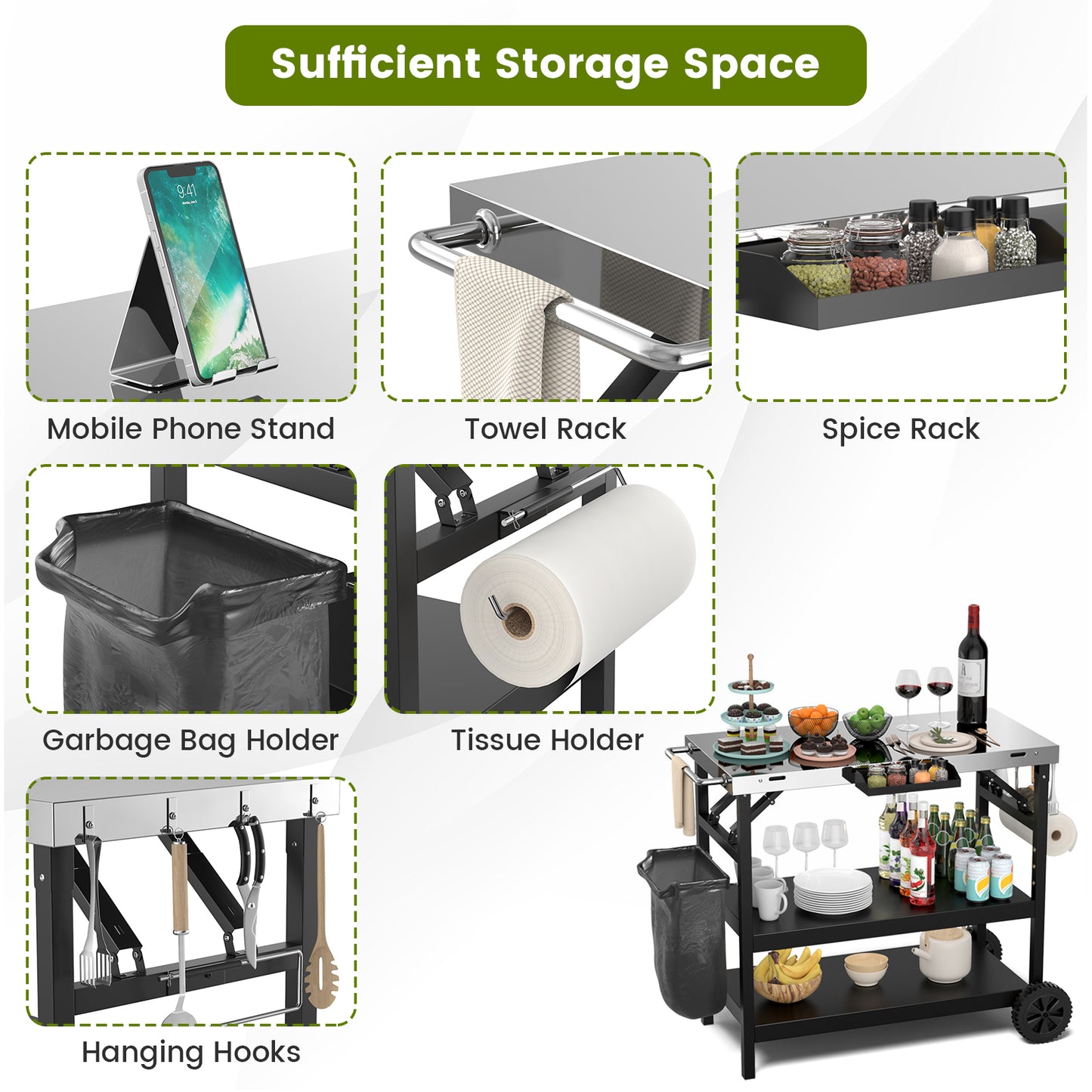 3-Tier Foldable Outdoor Cart, 2 Wheels, Phone Holder, Black Outdoor Grills at Gallery Canada