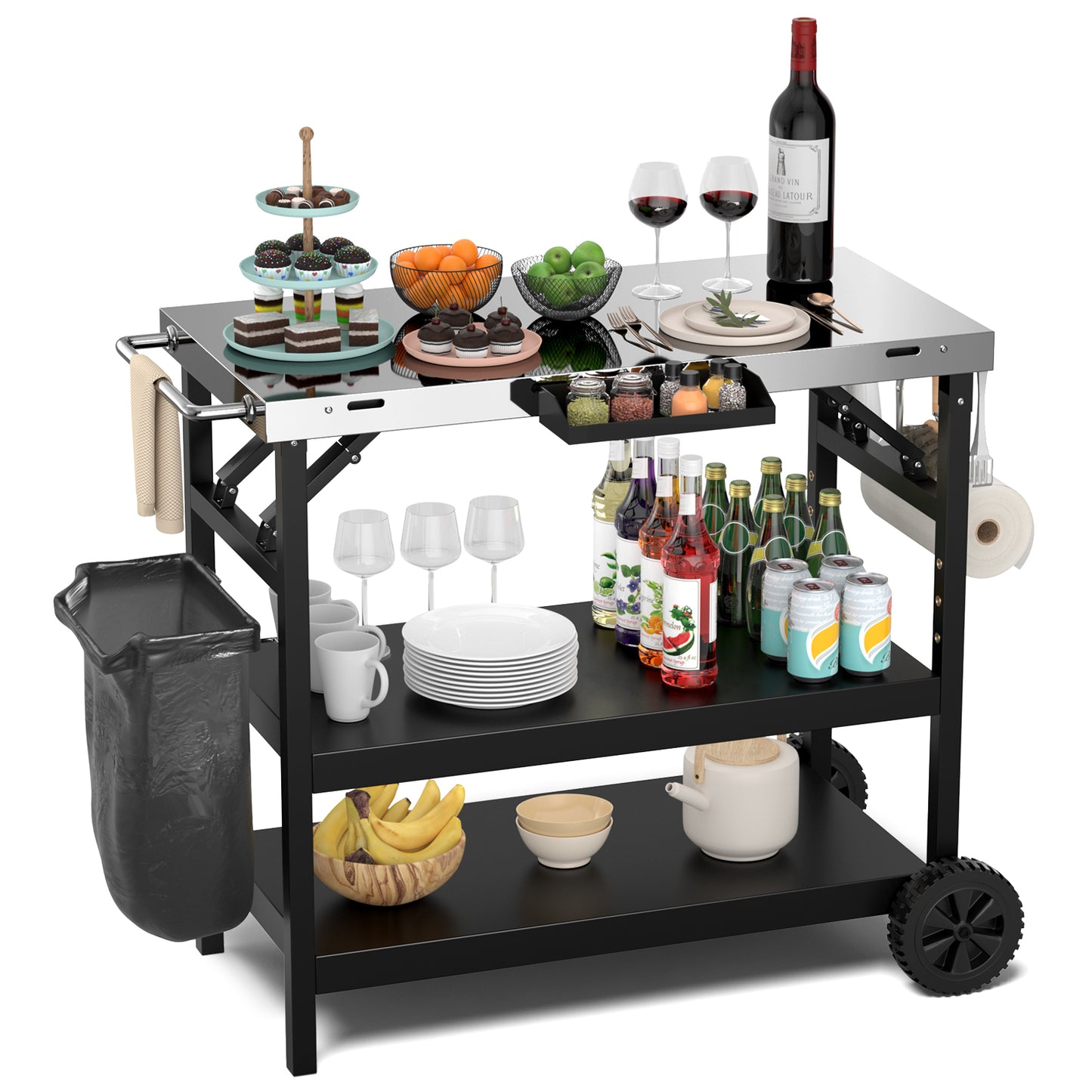 3-Tier Foldable Outdoor Cart, 2 Wheels, Phone Holder, Black Outdoor Grills at Gallery Canada