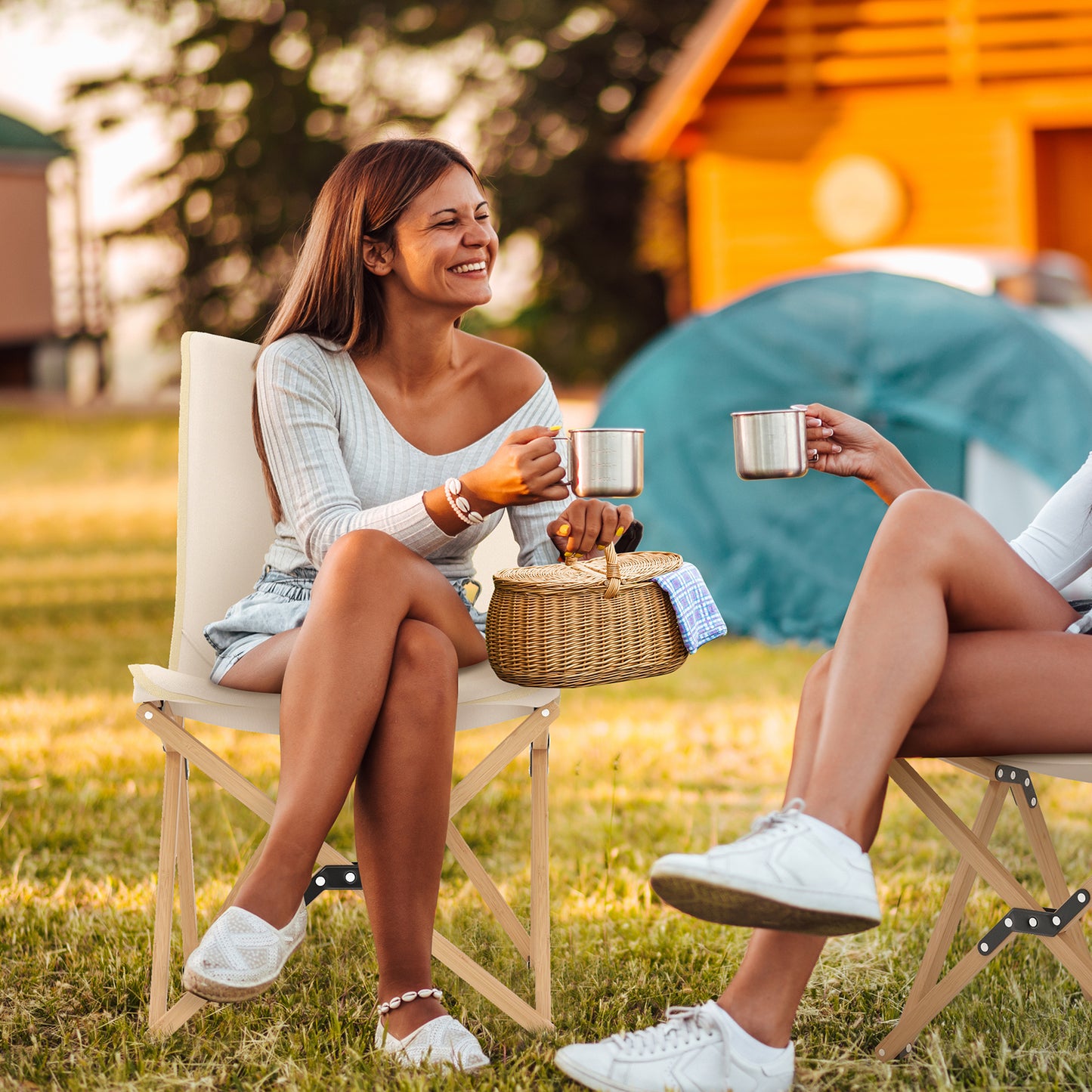 Set Of 2 Bamboo Dorm Chair With Storage Pocket, Beige Camping Furniture at Gallery Canada