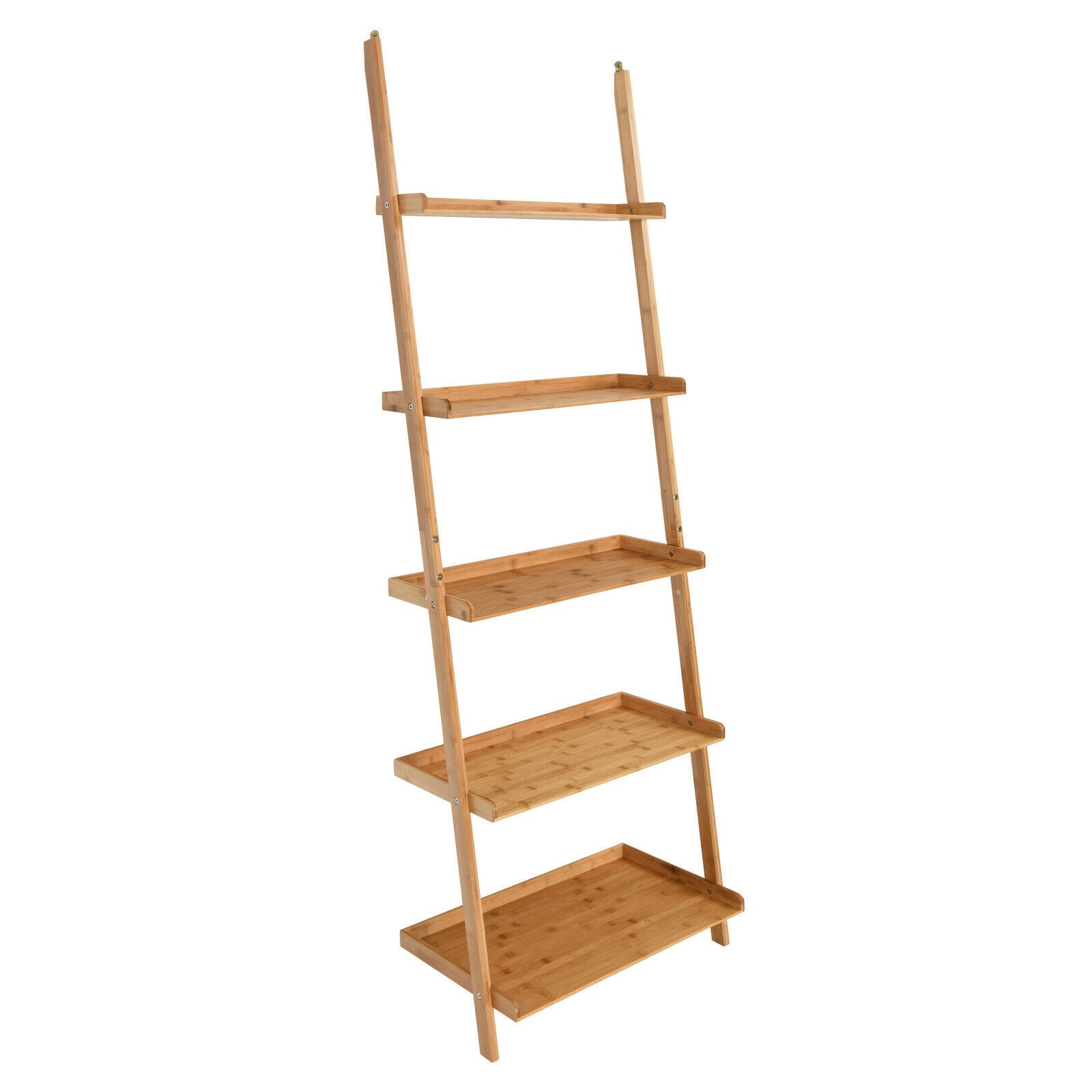 5-Tier Bamboo Ladder Shelf, Natural, Wall-Leaning Storage Display Bookcases at Gallery Canada