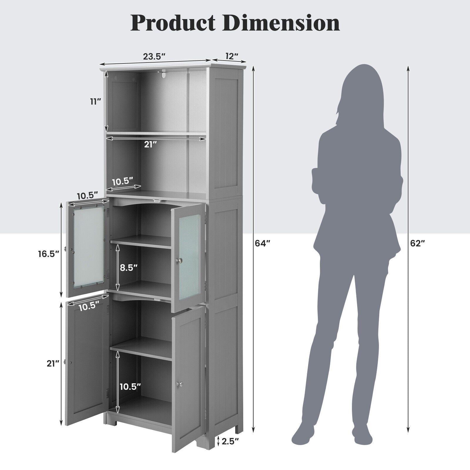 6-Tier Freestanding Bathroom Cabinet, Adjustable Shelves, Gray Floor Cabinets at Gallery Canada