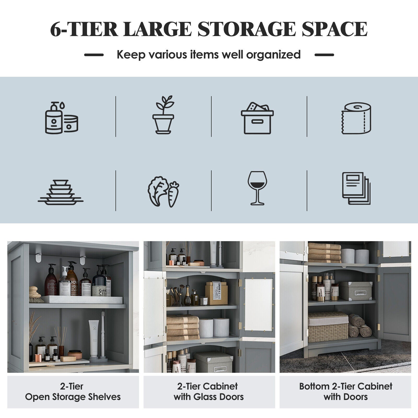 6-Tier Freestanding Bathroom Cabinet, Adjustable Shelves, Gray Floor Cabinets at Gallery Canada