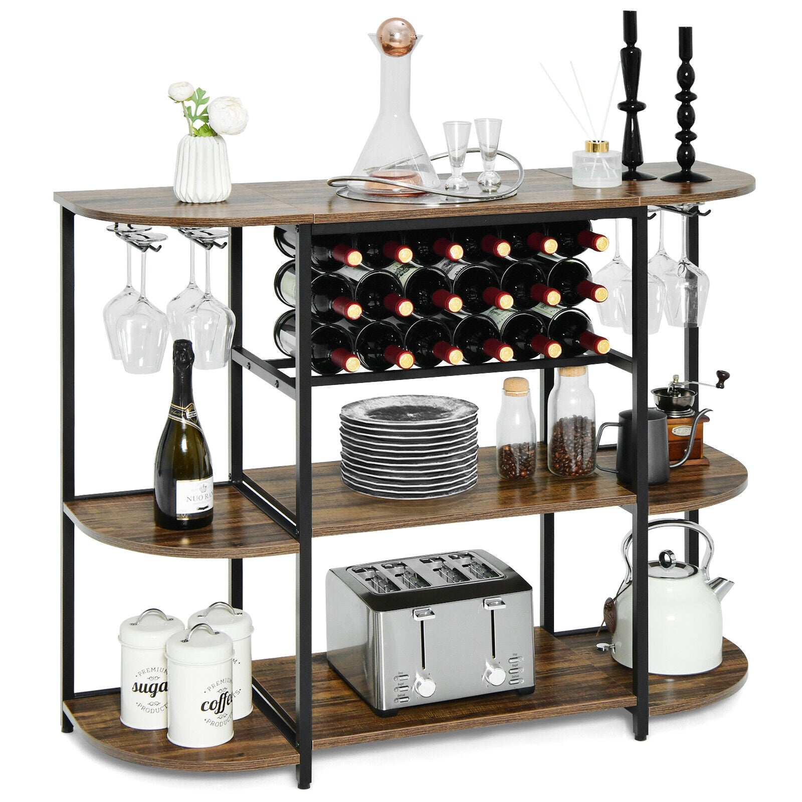 47 Inches Wine Rack Table, Glass Holder, Storage Shelves, Rustic Brown Wine Racks at Gallery Canada