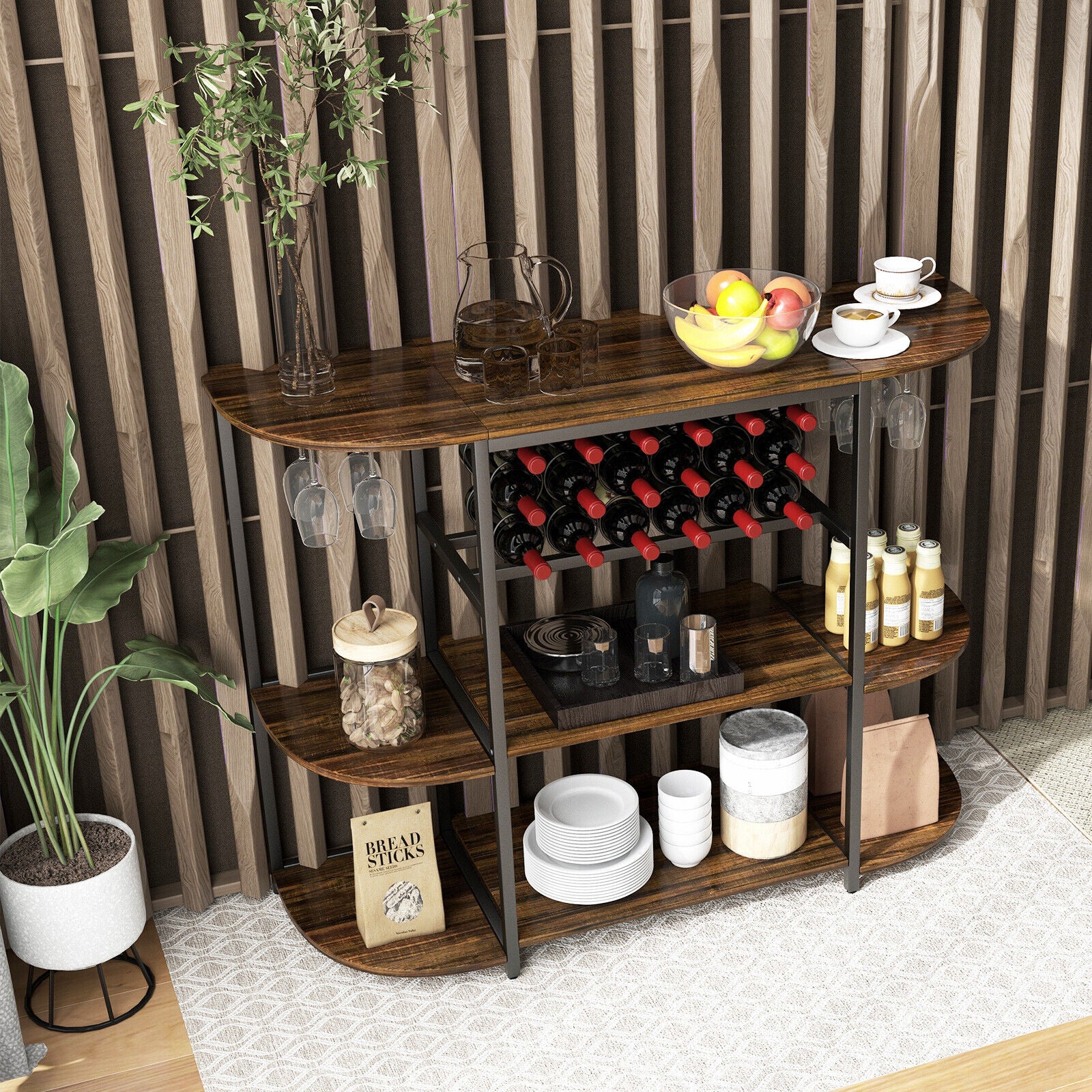 47 Inches Wine Rack Table, Glass Holder, Storage Shelves, Rustic Brown Wine Racks at Gallery Canada