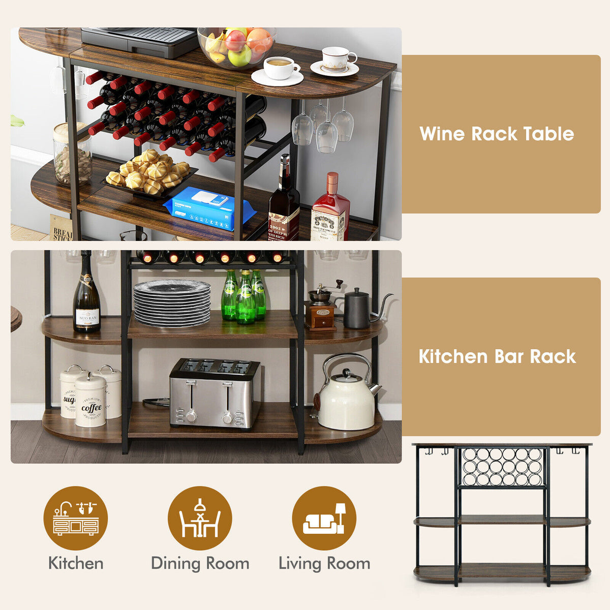 47 Inches Wine Rack Table, Glass Holder, Storage Shelves, Rustic Brown Wine Racks at Gallery Canada