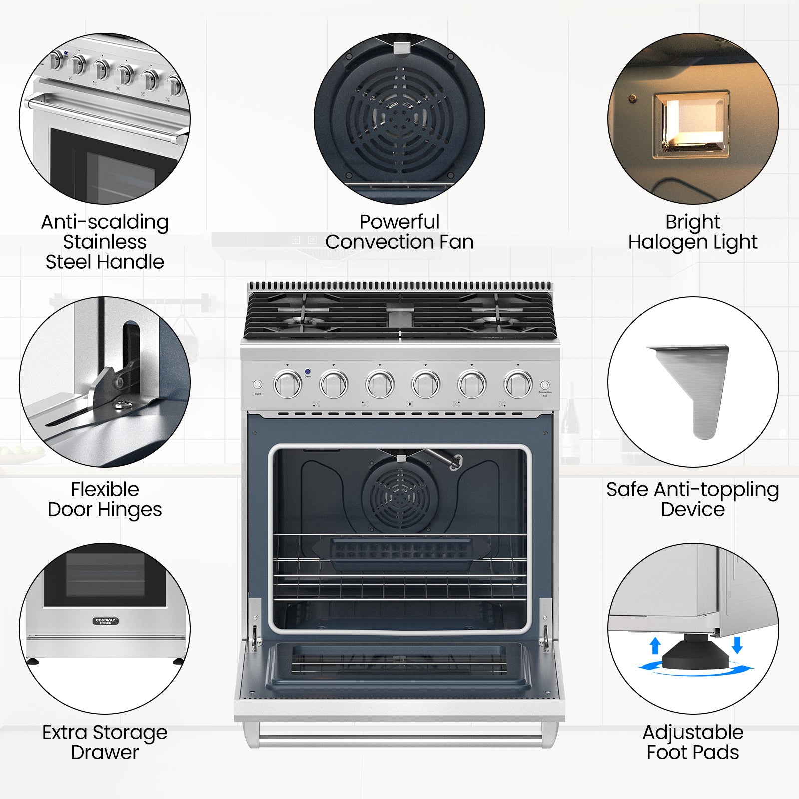 30 Inches Natural Gas Range, 5 Burner Cooktop, Silver Toaster Ovens at Gallery Canada