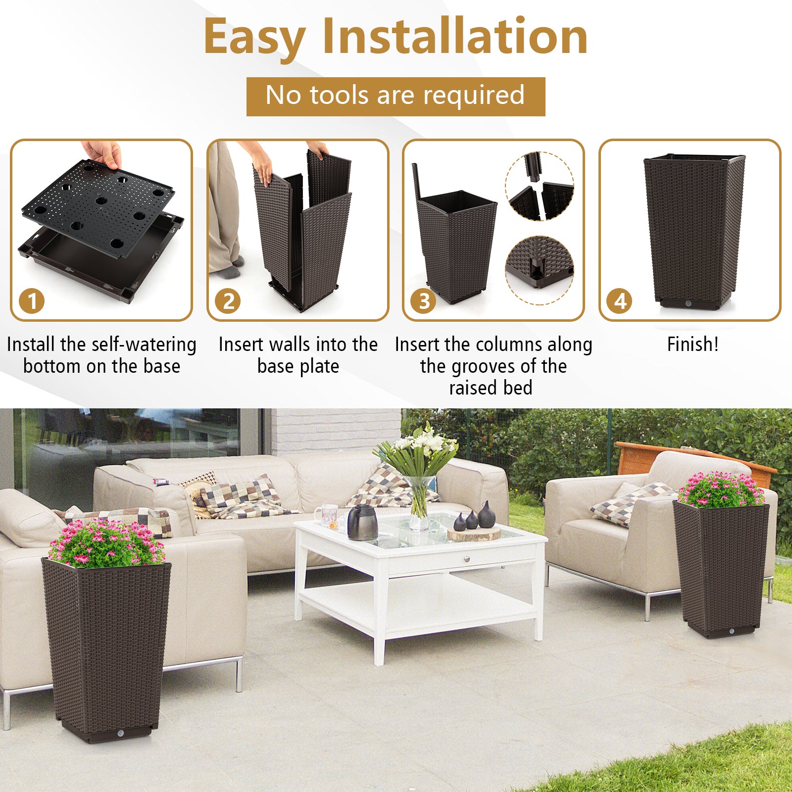 Outdoor Wicker Flower Pot Set, 2 Pieces, With Drainage Hole, Brown Raised Garden Beds at Gallery Canada