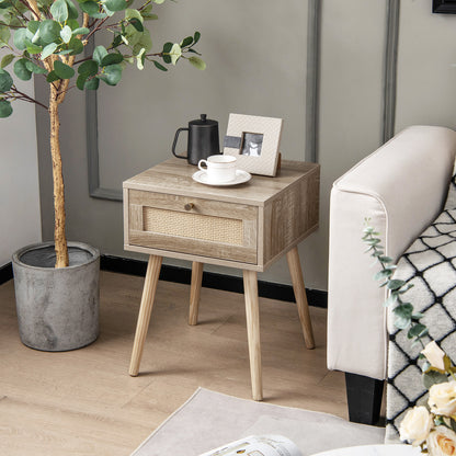 Modern Rattan Nightstand With Drawer, Solid Wood Legs, Natural Nightstands at Gallery Canada