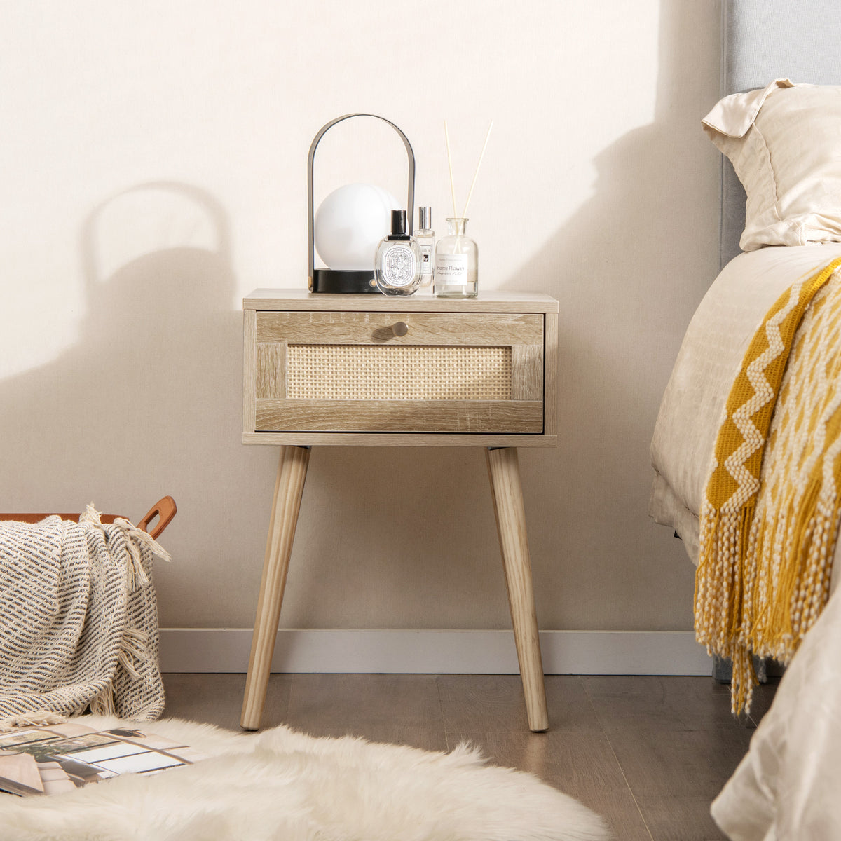 Modern Rattan Nightstand With Drawer, Solid Wood Legs, Natural Nightstands at Gallery Canada