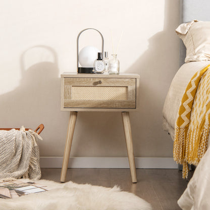 Modern Rattan Nightstand With Drawer, Solid Wood Legs, Natural Nightstands at Gallery Canada