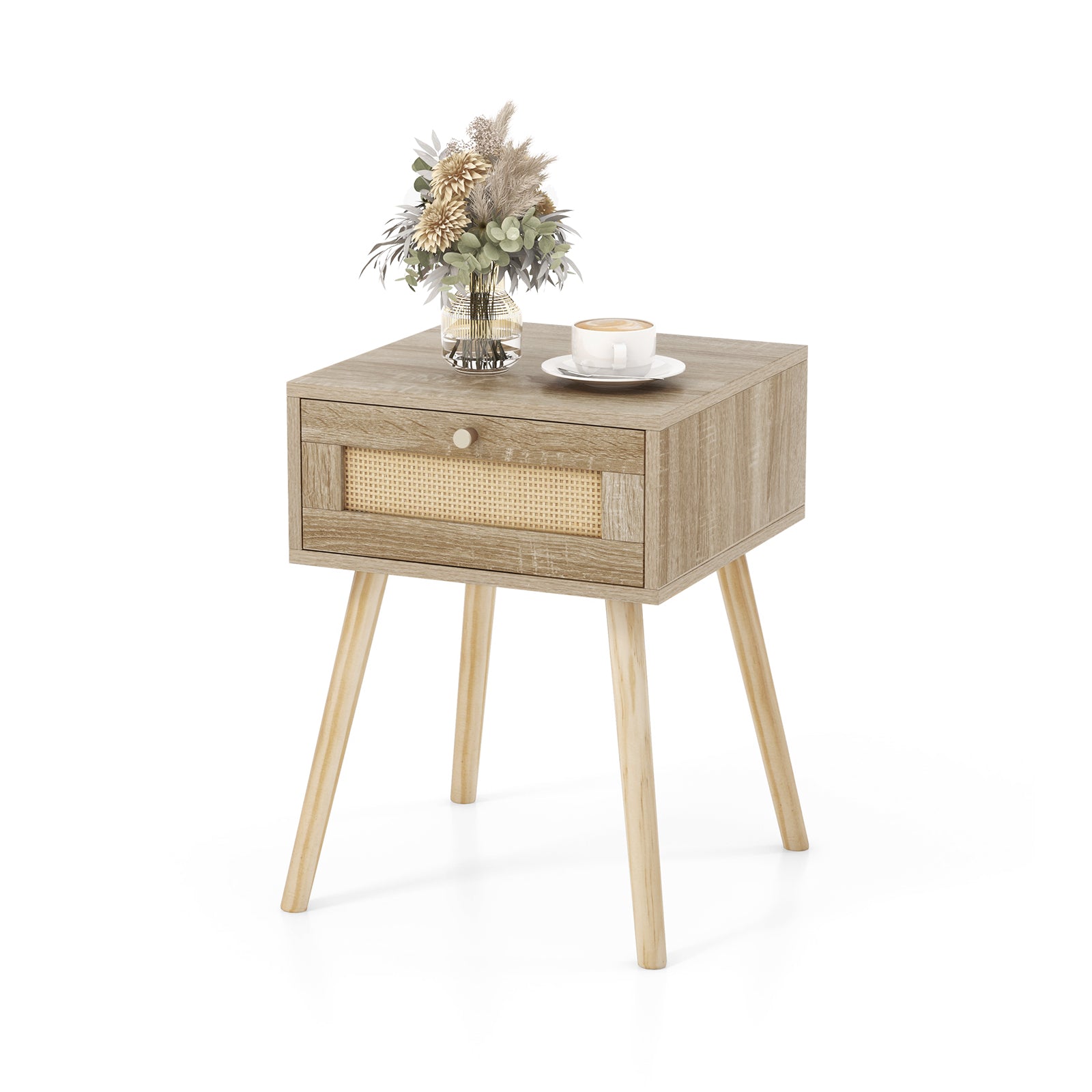 Modern Rattan Nightstand With Drawer, Solid Wood Legs, Natural Nightstands at Gallery Canada