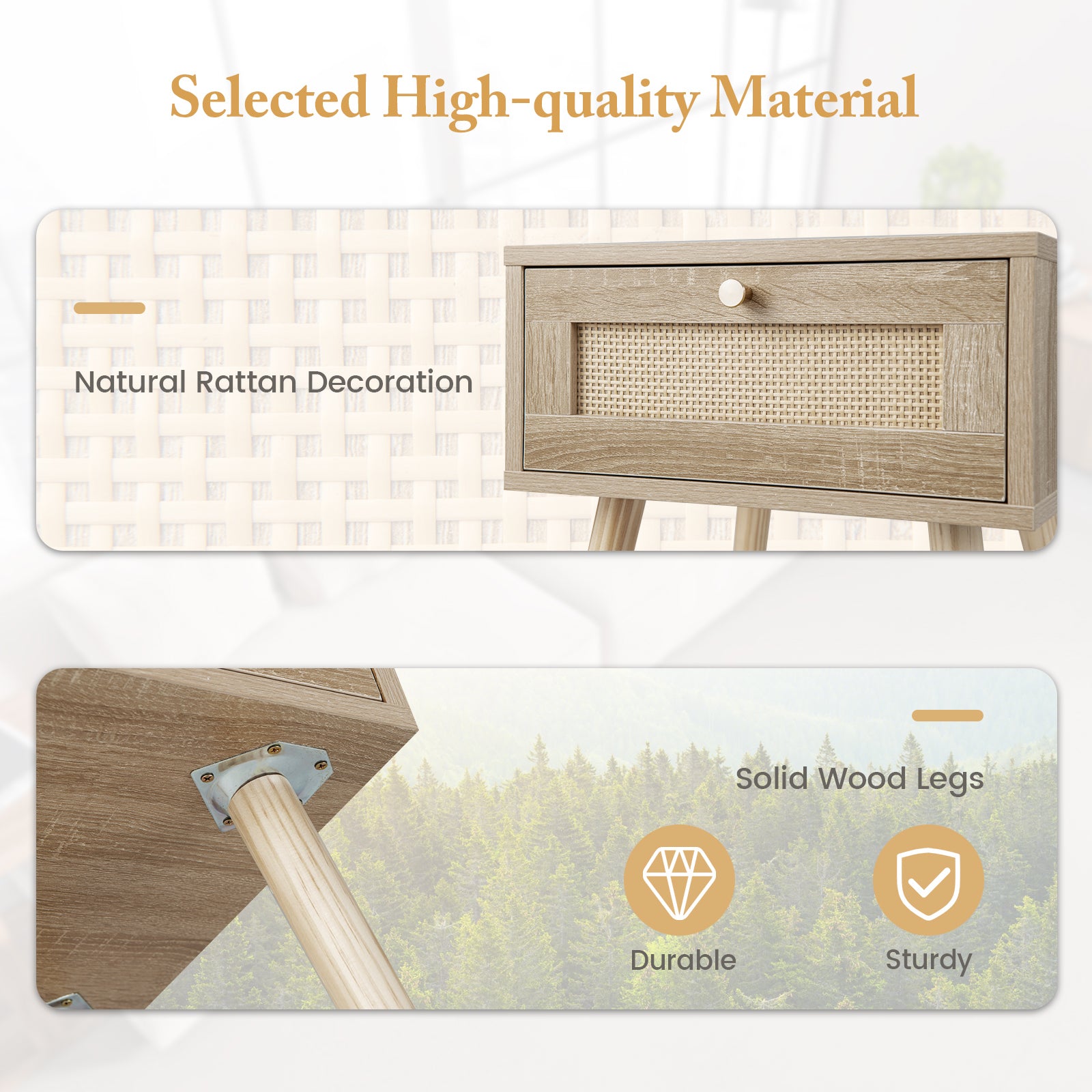 Modern Rattan Nightstand With Drawer, Solid Wood Legs, Natural Nightstands at Gallery Canada