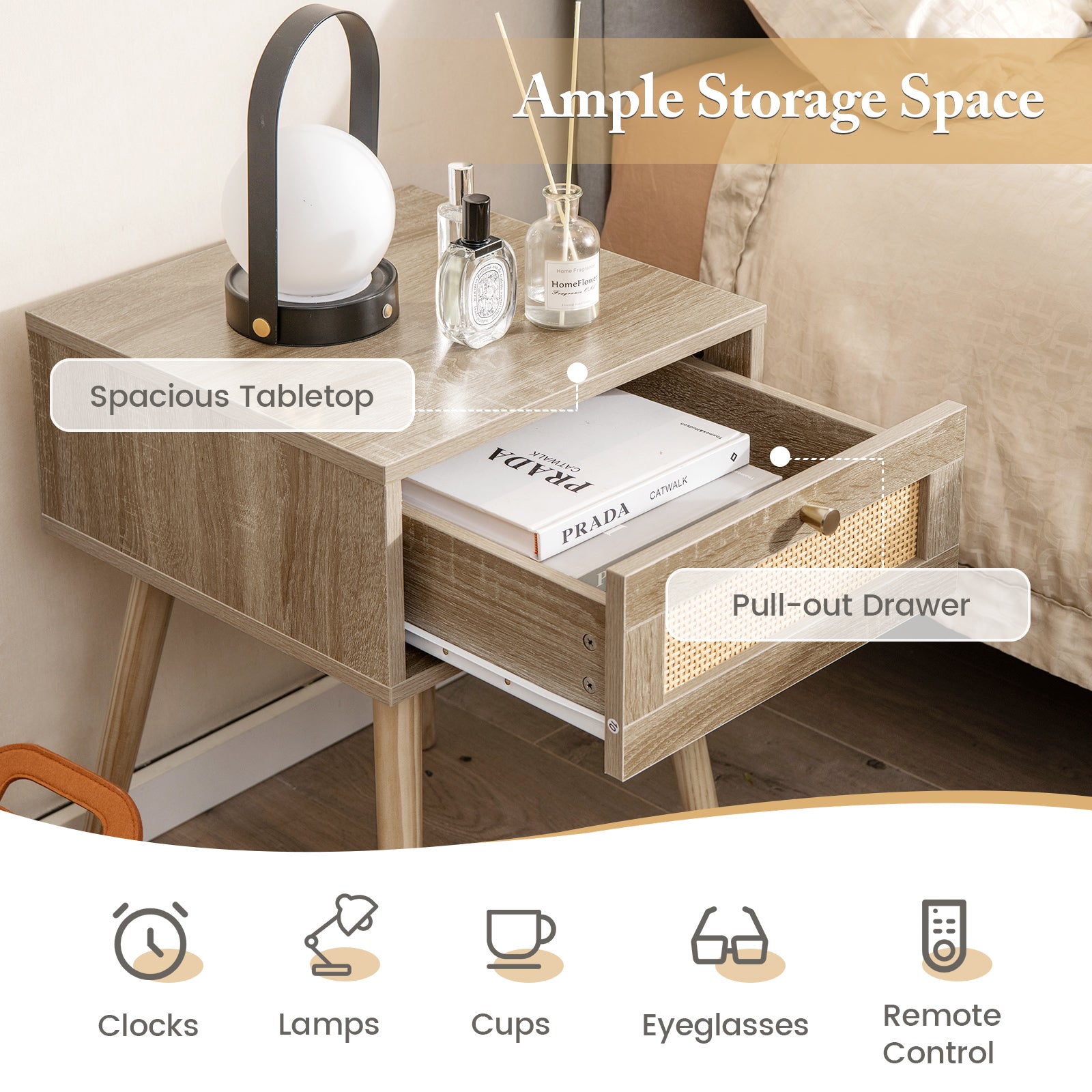 Modern Rattan Nightstand With Drawer, Solid Wood Legs, Natural Nightstands at Gallery Canada
