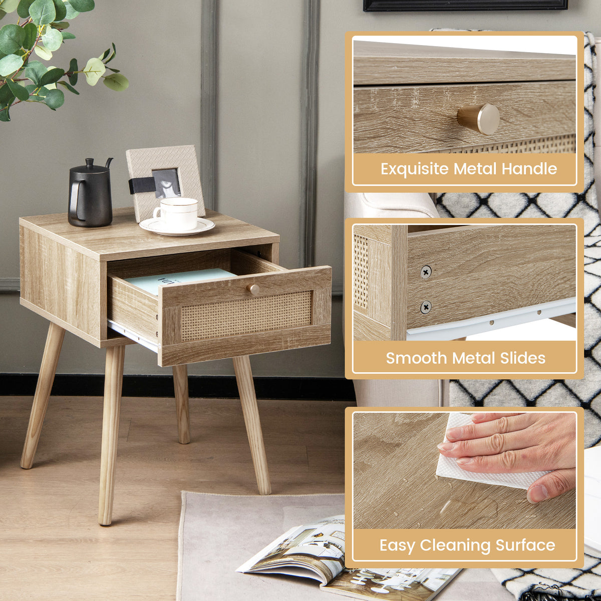 Modern Rattan Nightstand With Drawer, Solid Wood Legs, Natural Nightstands at Gallery Canada