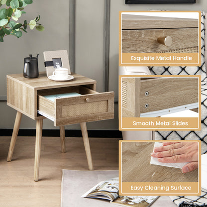 Modern Rattan Nightstand With Drawer, Solid Wood Legs, Natural Nightstands at Gallery Canada