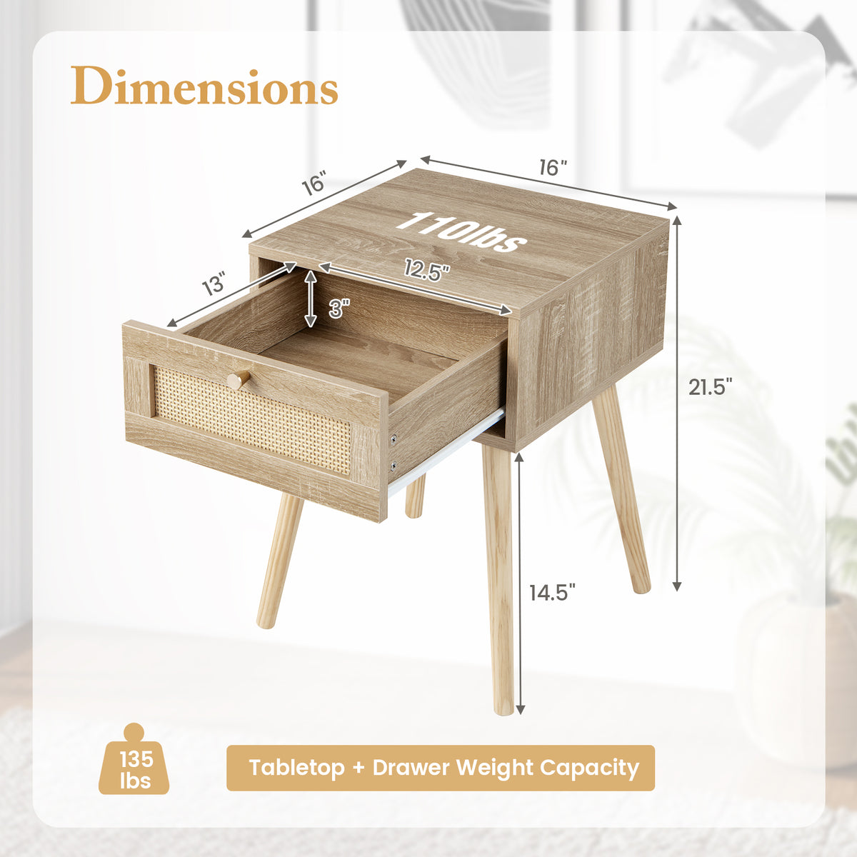 Modern Rattan Nightstand With Drawer, Solid Wood Legs, Natural Nightstands at Gallery Canada