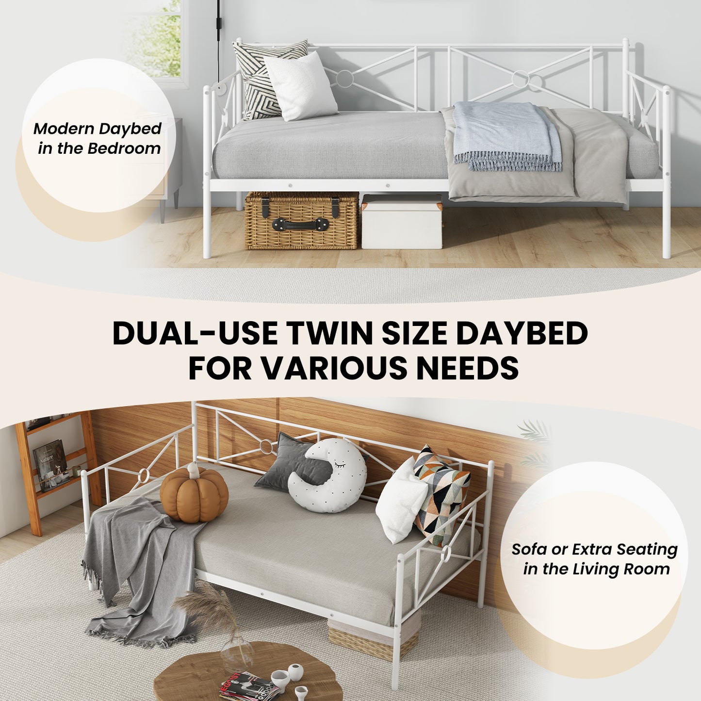 Metal Daybed Twin Bed Frame, Stable Steel Slats, White Trundle Bed Frame at Gallery Canada
