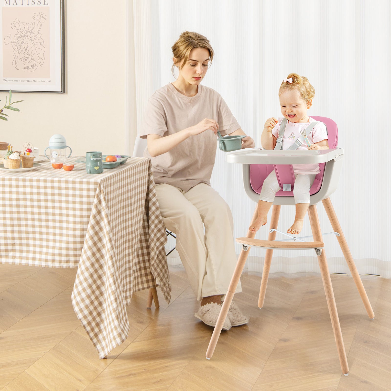 3-In-1 Convertible Wooden High Chair With Cushion, Pink High Chairs at Gallery Canada