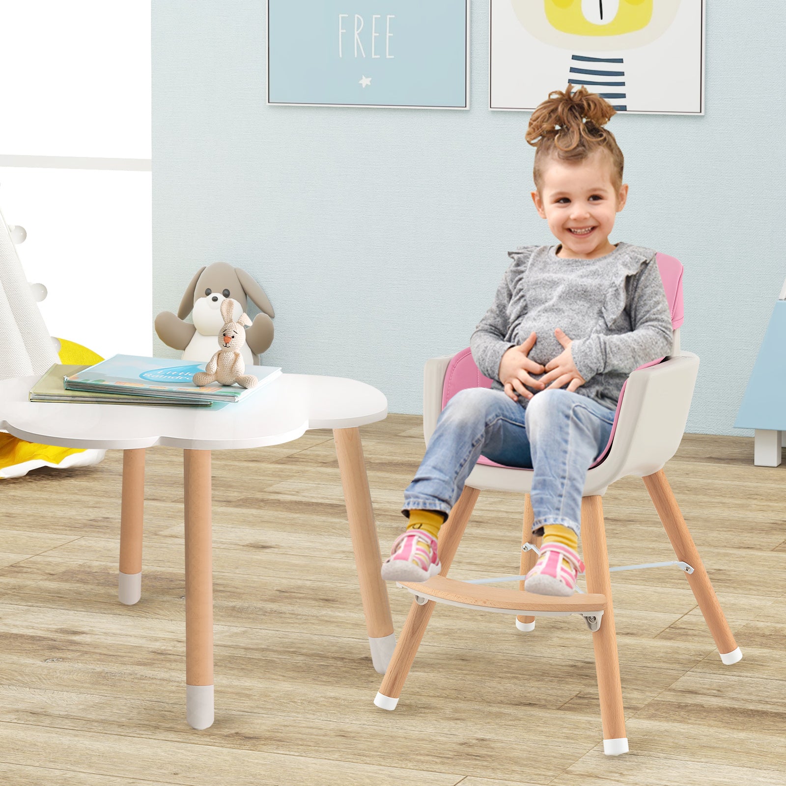 3-In-1 Convertible Wooden High Chair With Cushion, Pink High Chairs at Gallery Canada